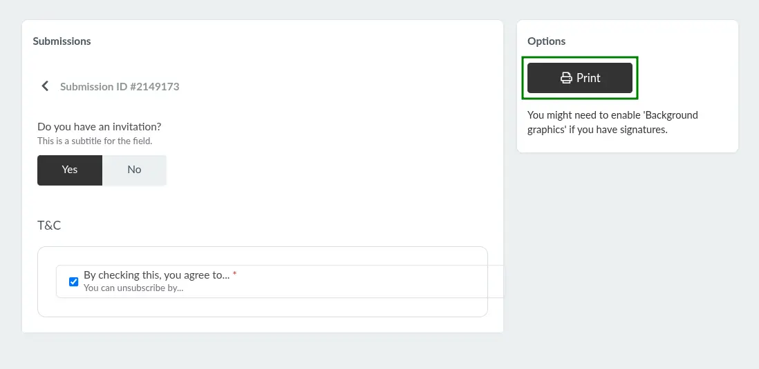 Screenshot showing the print submissions button