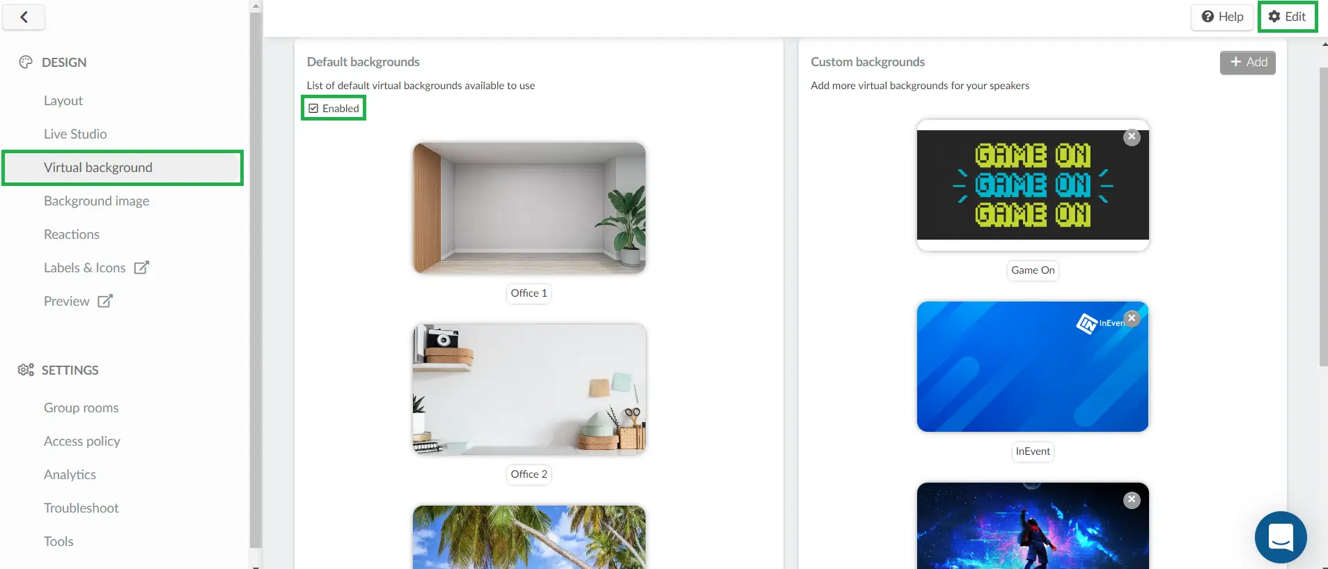 Event > Virtual Lobby > Virtual Background > Edit