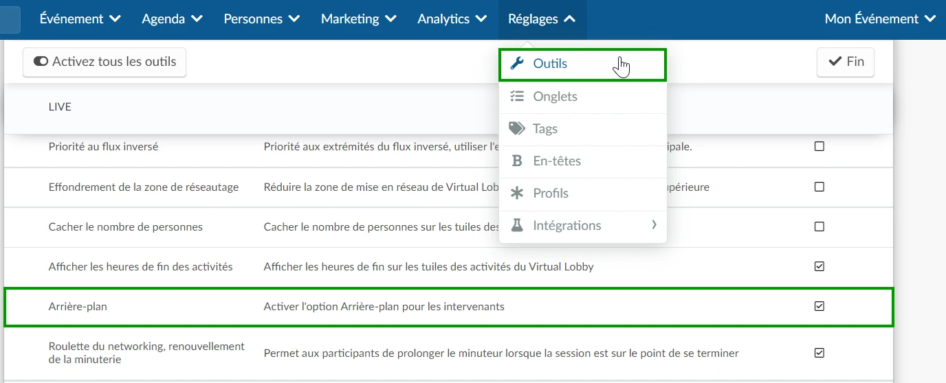 Une image montrant l'outil d'arrière-plan activé dans la page des paramètres des outils