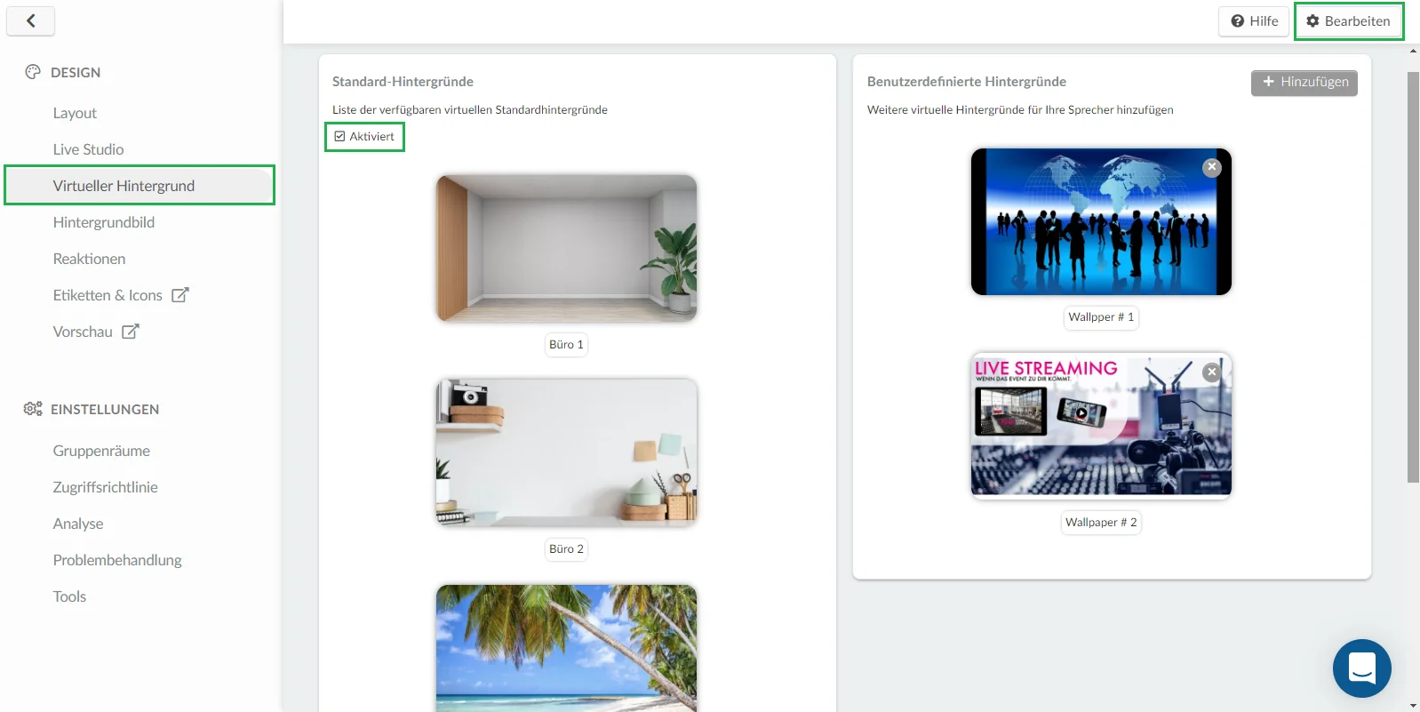 Event > Virtual Lobby > Virtueller Hintergrund > Bearbeiten > Aktiviert