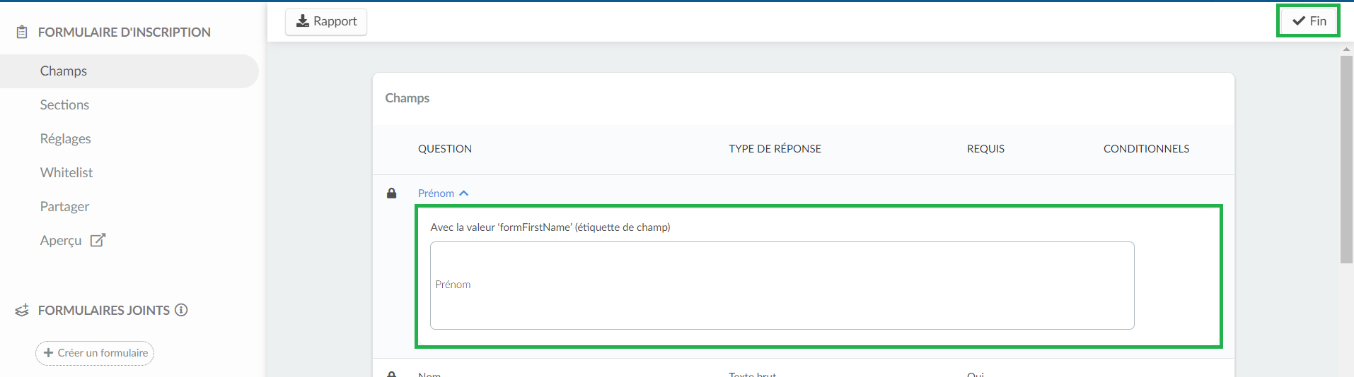 changer les étiquettes des questions par défaut