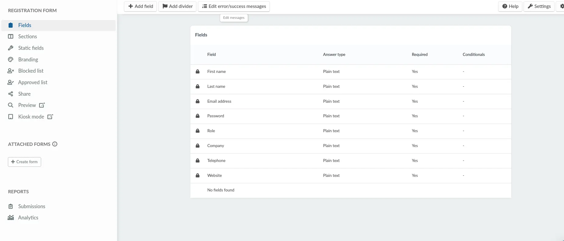 Left navigation options on the registration form