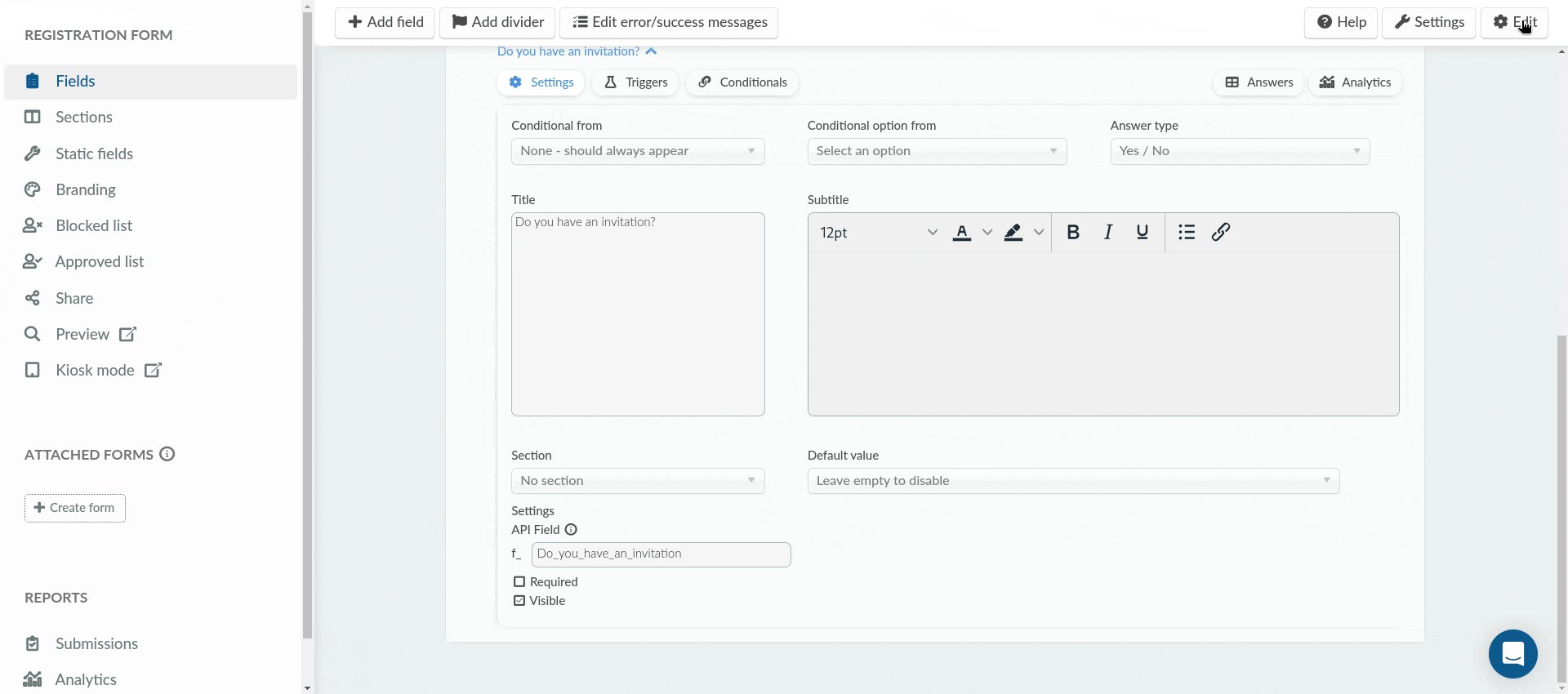 Gif showing how to add translations to the subtitle of a field and how to use the tools in the translation box