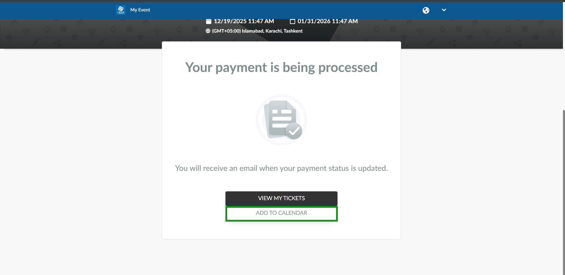 Image showing the registration form success page and the add to calendar button. 