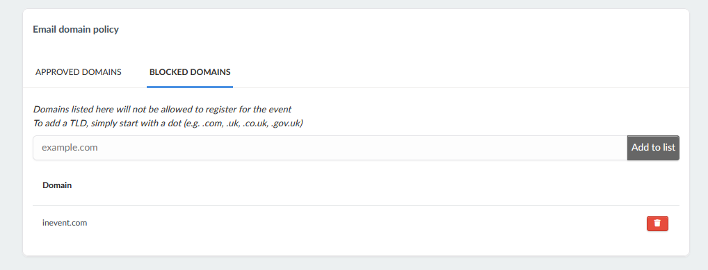 Image showing blocked domains tab of Email domain policy