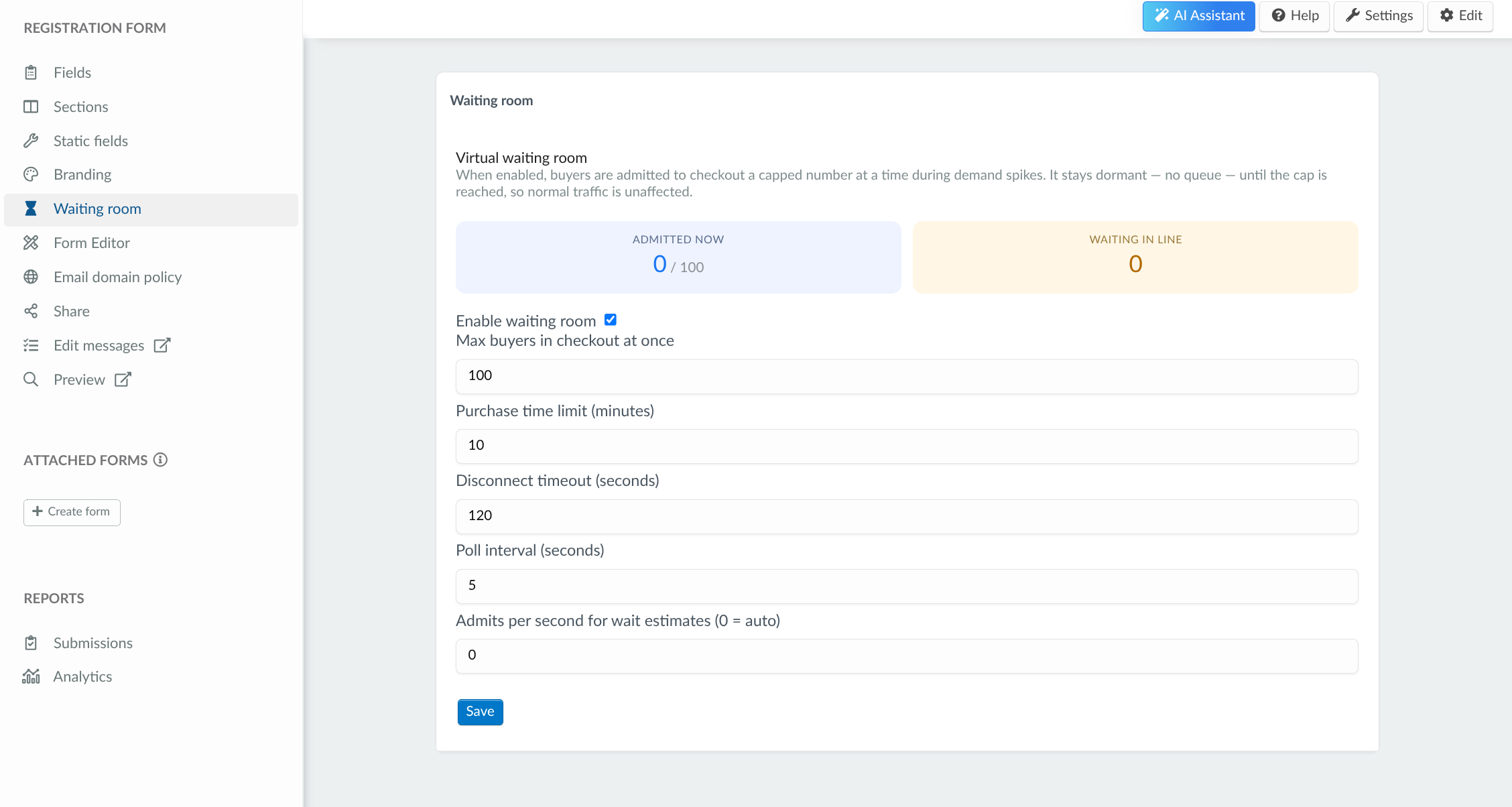 Screenshot showing the waiting room configuration page