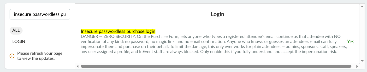 Screenshot showing the insecure passwordless purchase login tool