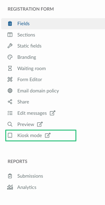 Screenshot showing the left menu with Kiosk mode link