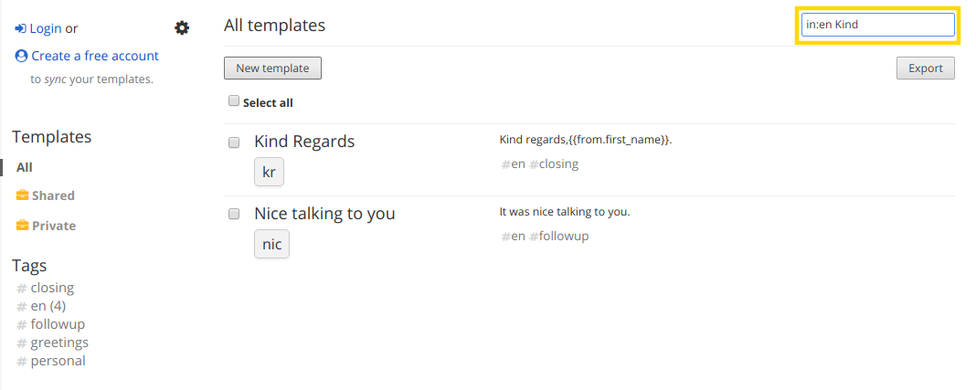 Search for templates in the template dashboard