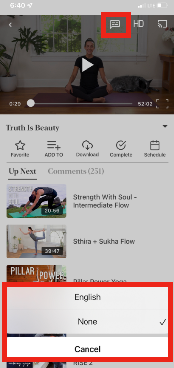 App page showing the subtitle icon at the top of the video player