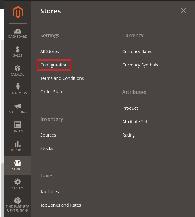 magento stores settings page