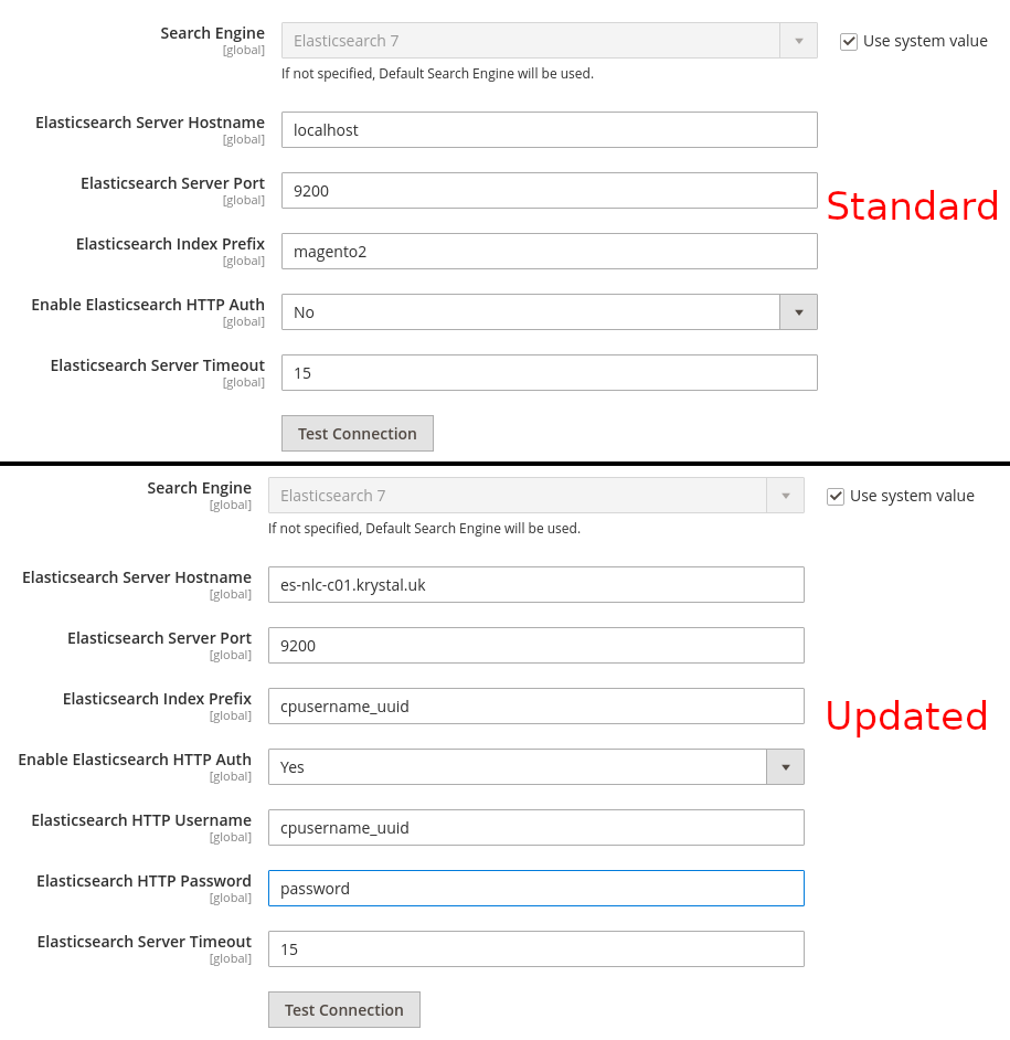 magento elastic settings before and after comparison 
