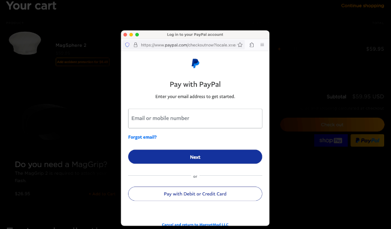 A screenshot of the PayPal login page pop-up.