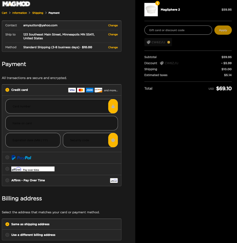 A screenshot of the MagMod Payment page of the checkout process.