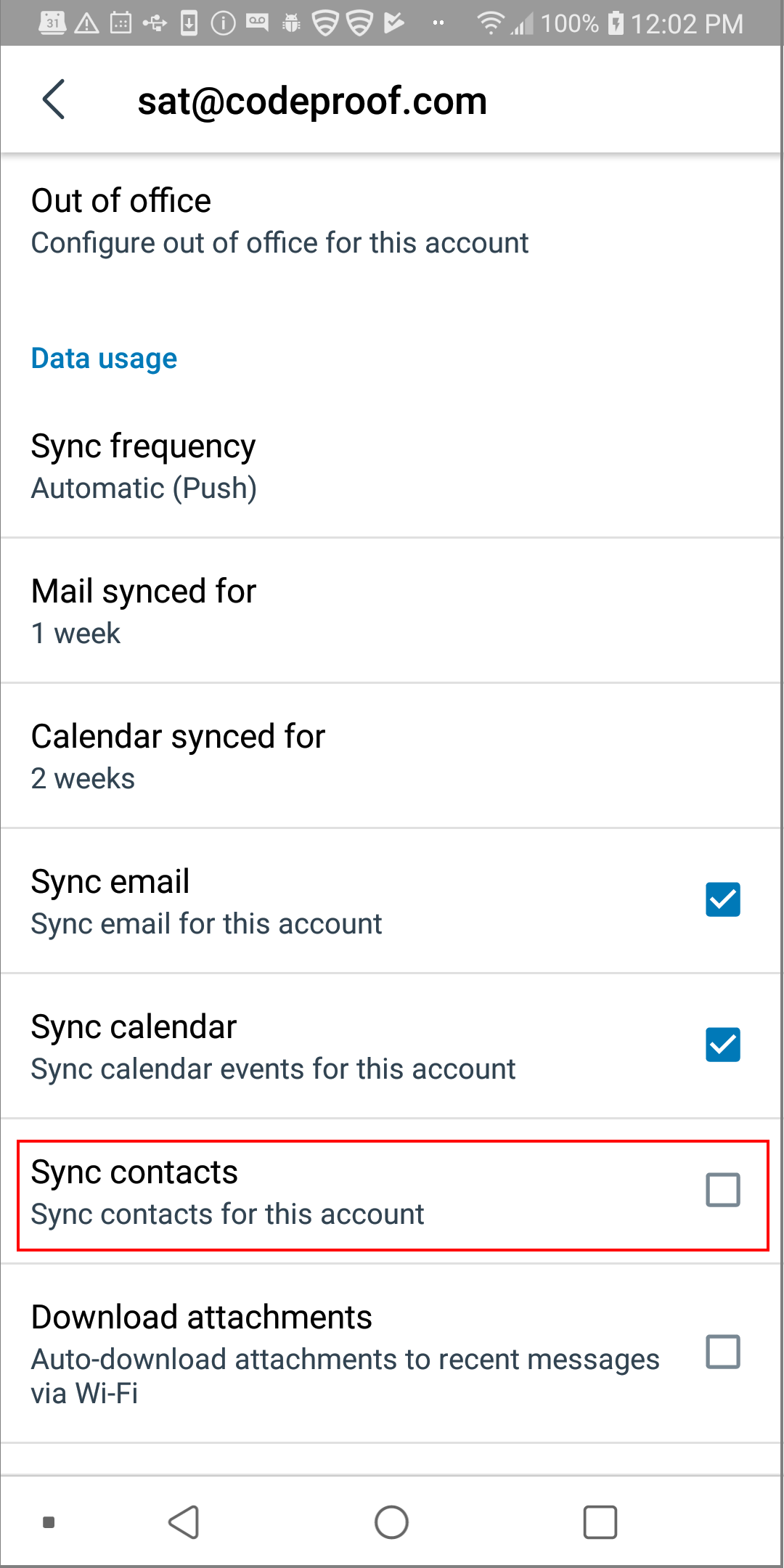 Update Outlook Email Account Sync Options in Android