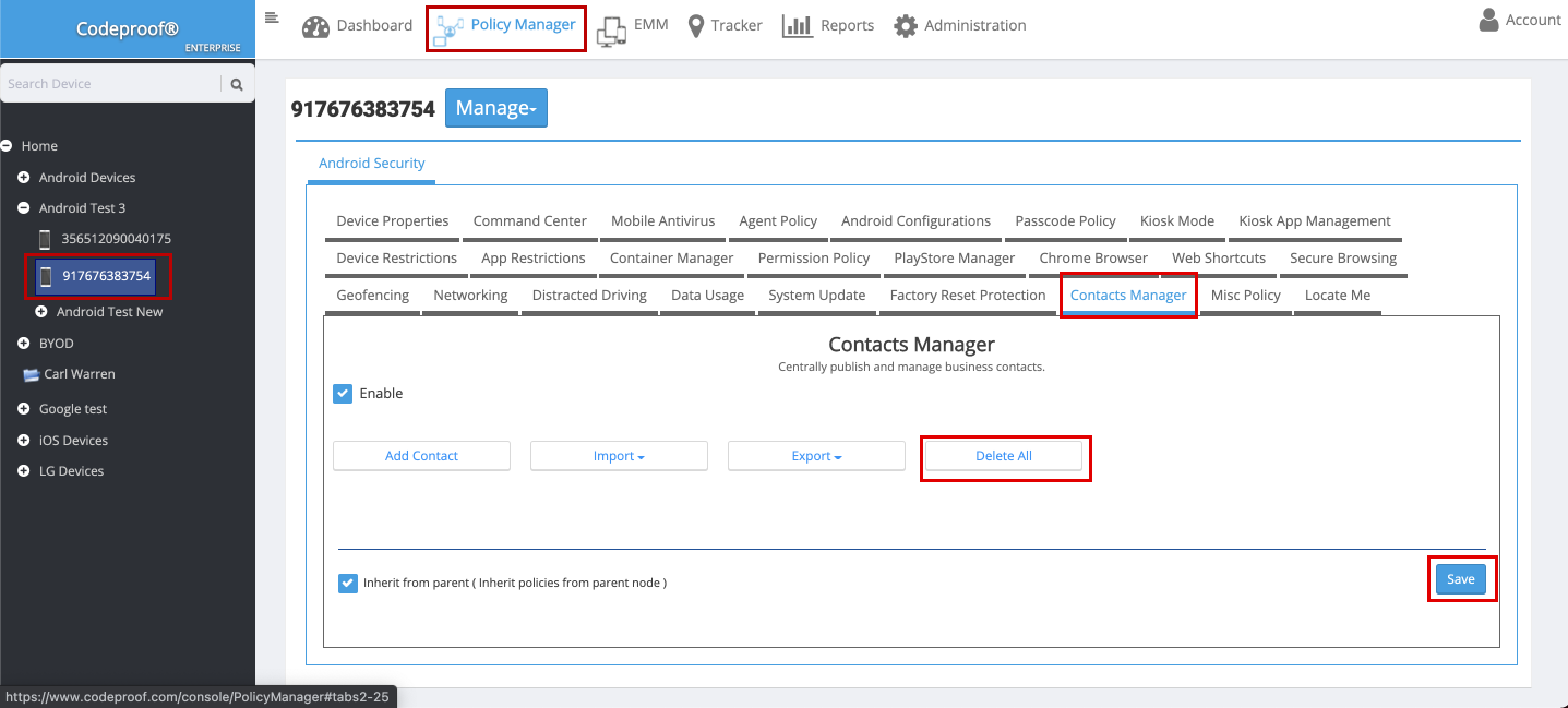 Screen highlighting 'Delete All,' 'Save,' 'Contacts Manager,' device node, and 'Policy Manager'