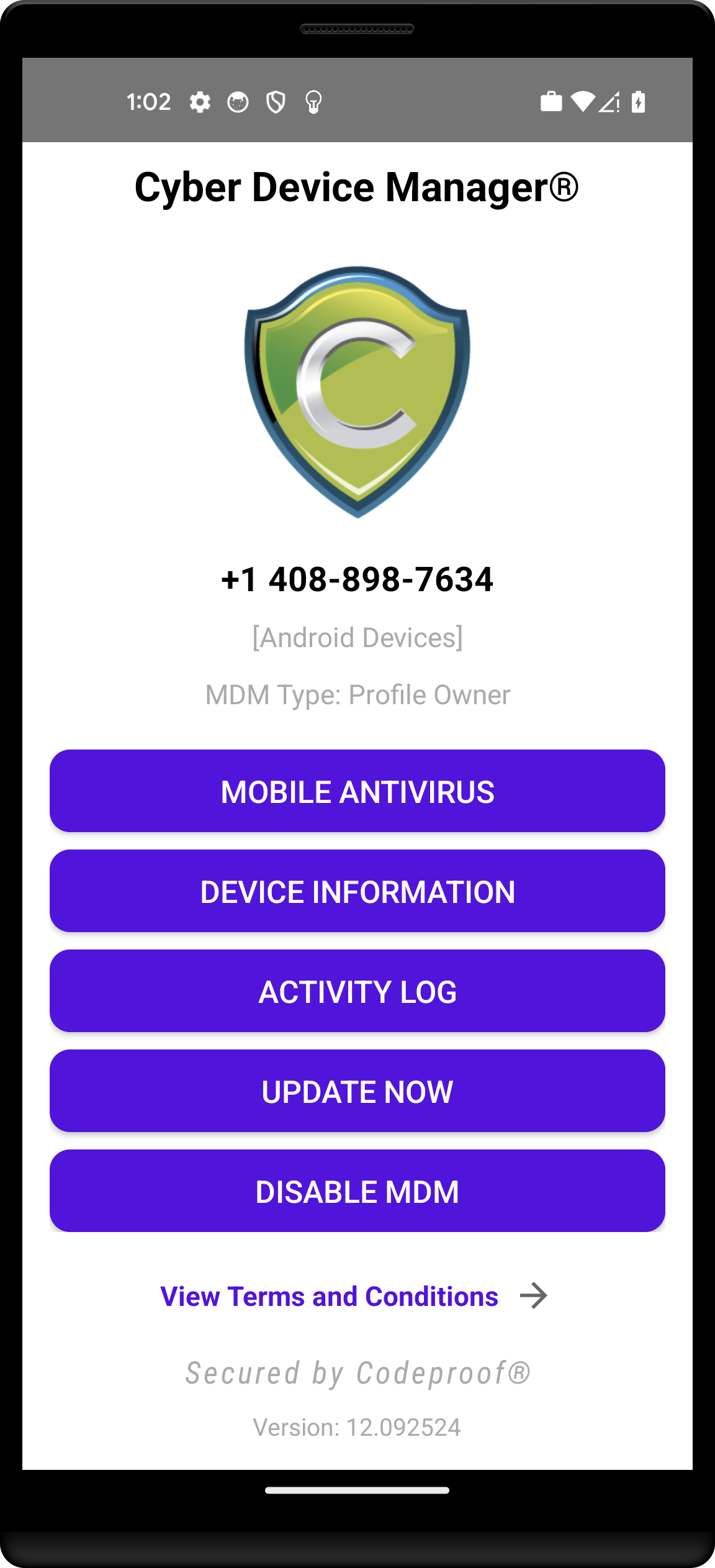 Codeproof Android MDM app main screen