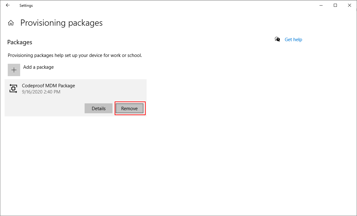 Remove Windows 10 MDM provisioning package