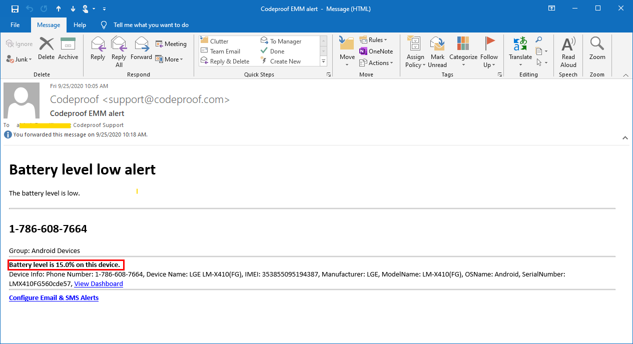 Codeproof low battery notification email alerts