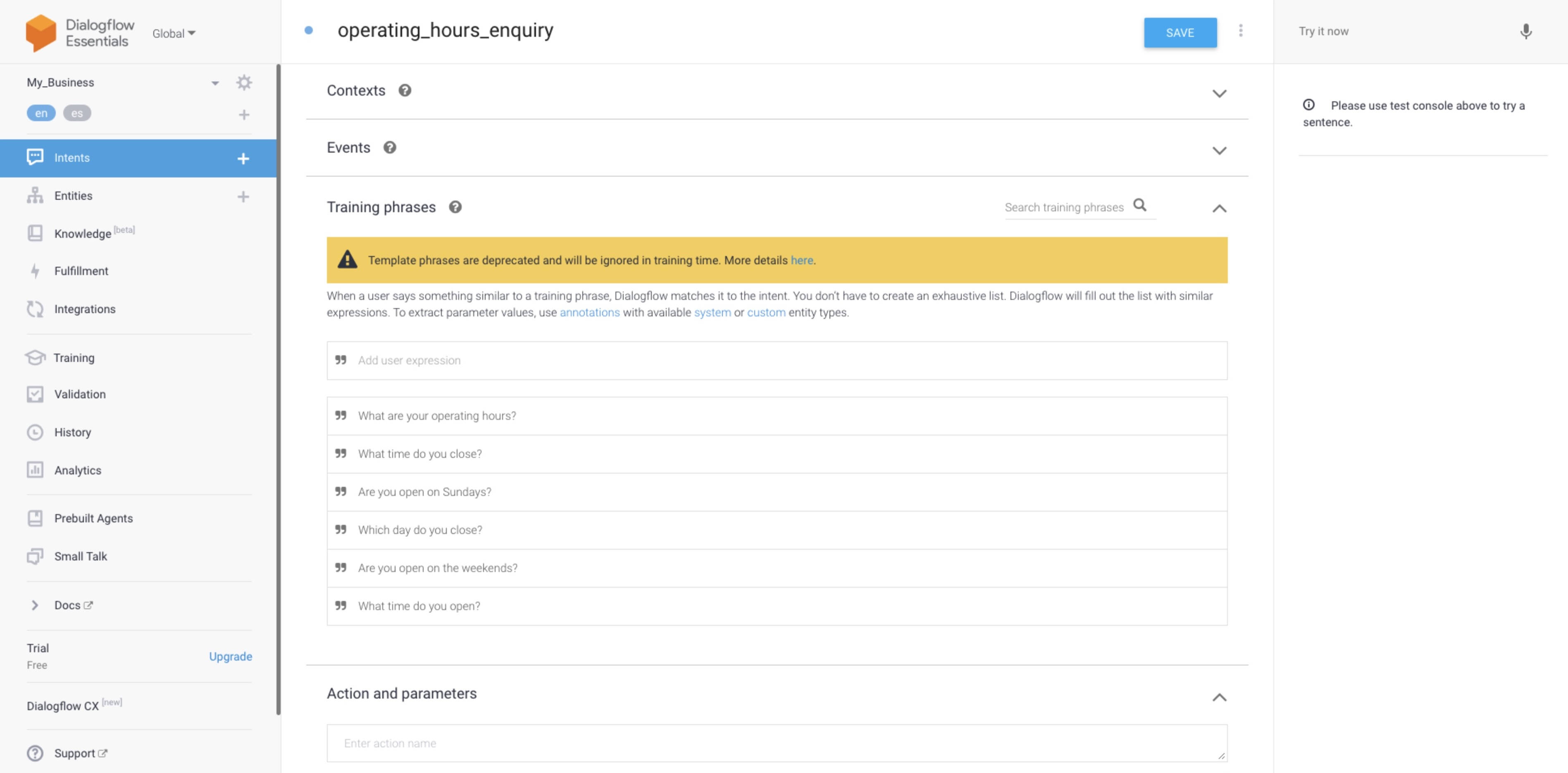 screenshot showing how to set training phrases in Dialogflow