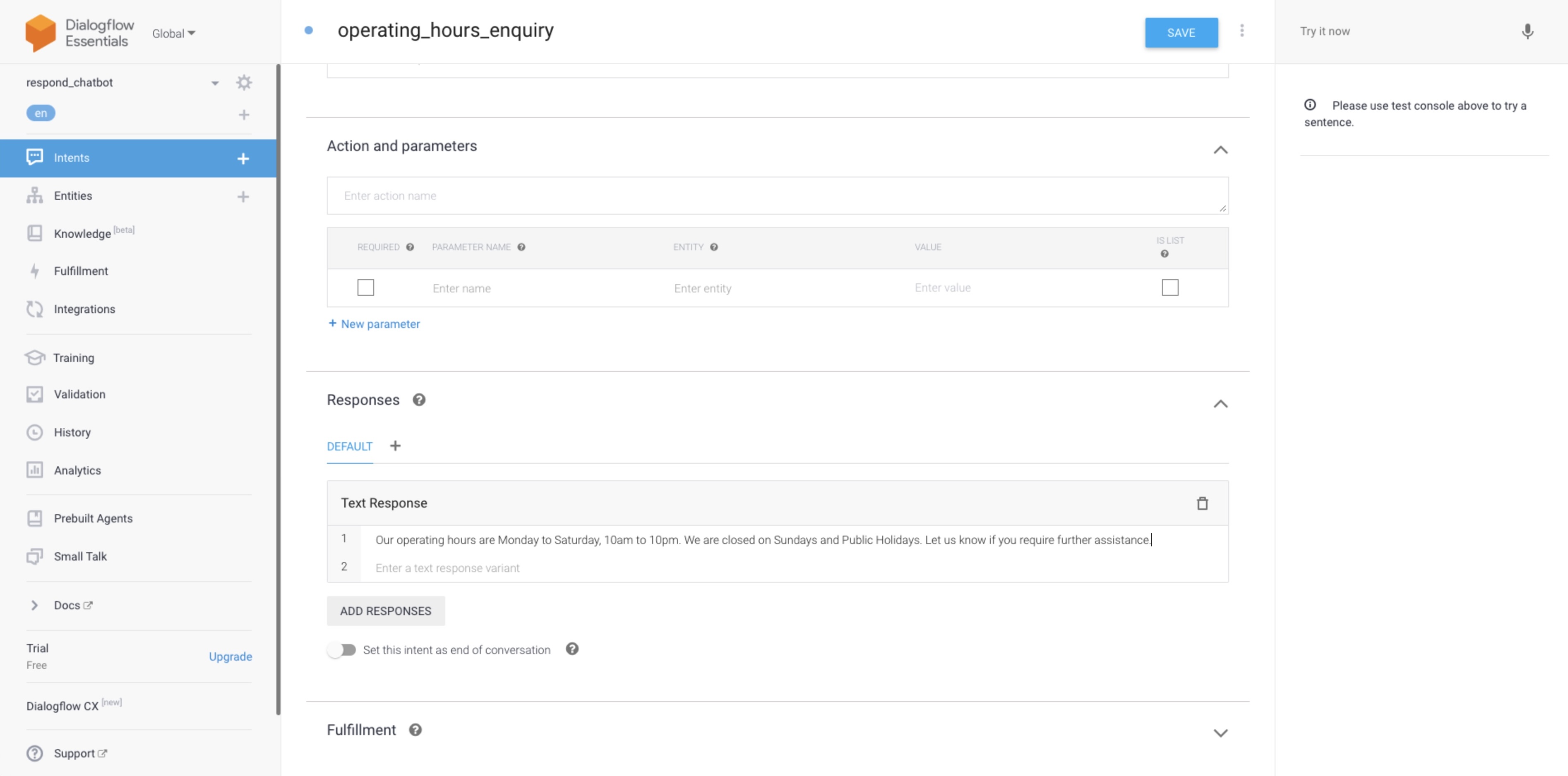 screenshot of dialogflow chatbot sample response