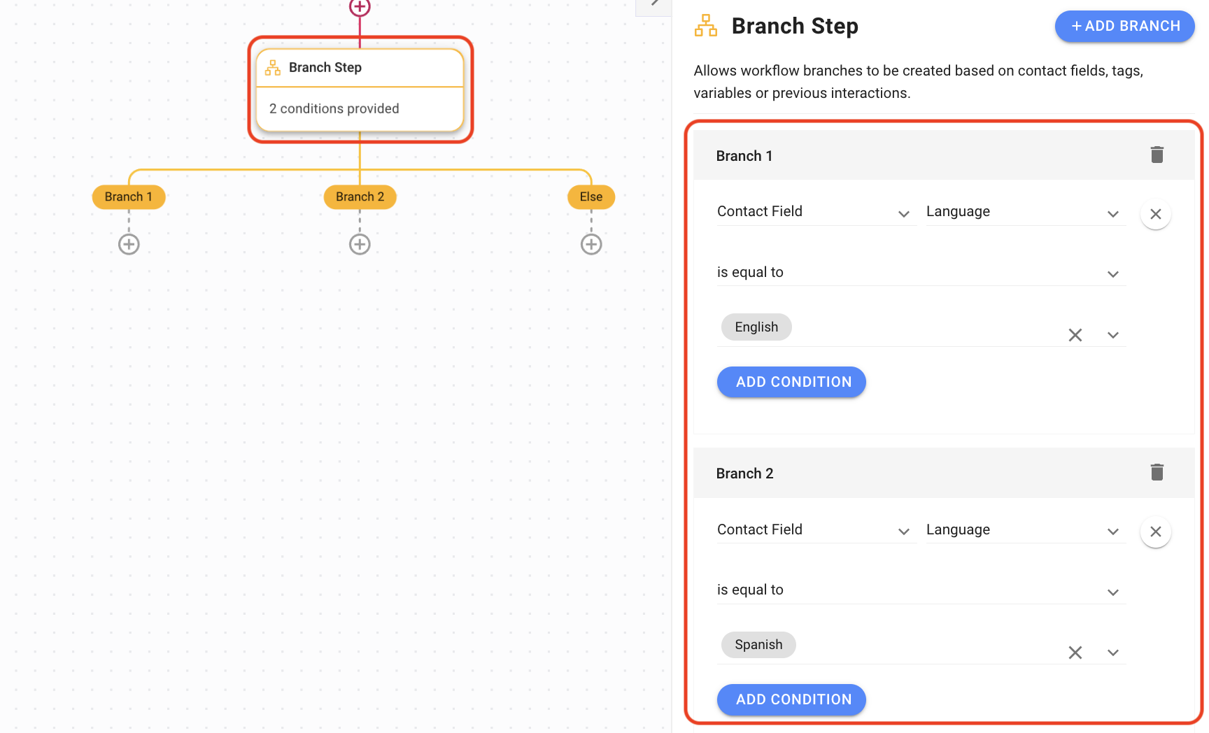 setup example of the Branch Step to route customers based on existing Contact information