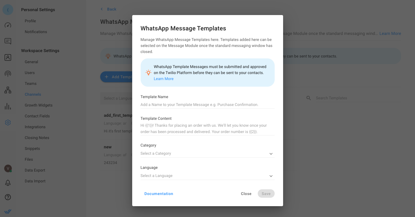 قالب رسالة Twilio WhatsApp إضافة قالب جديد للاستجابة.io