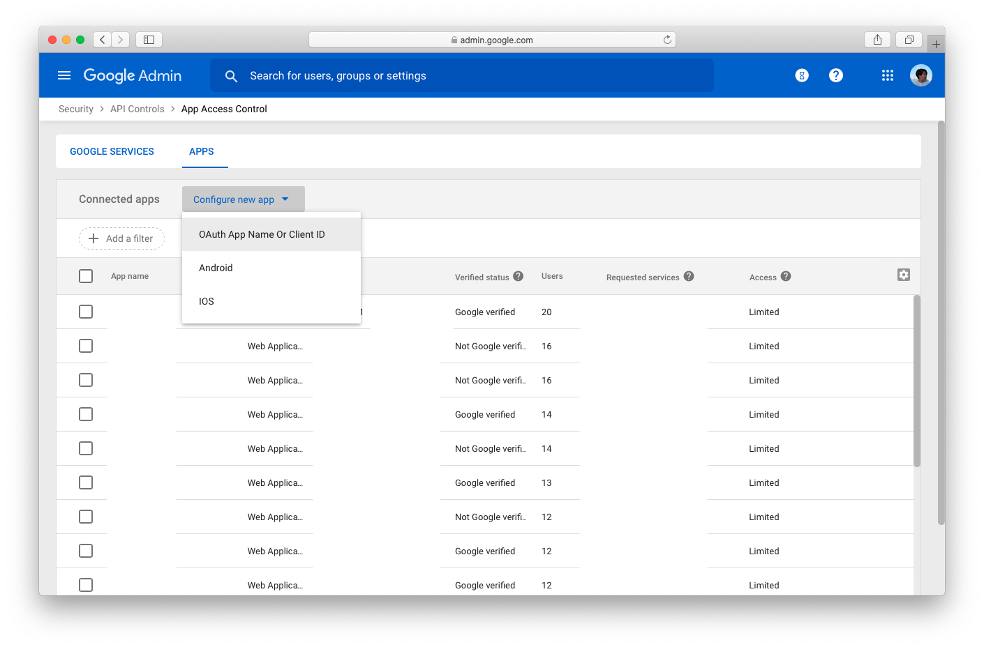 Página de control de acceso a aplicaciones de administración de Google Workspace