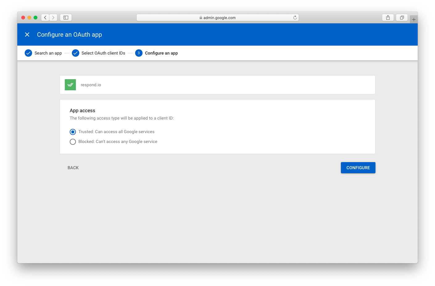 add the respond.io Google app to your Google Workspace trusted list