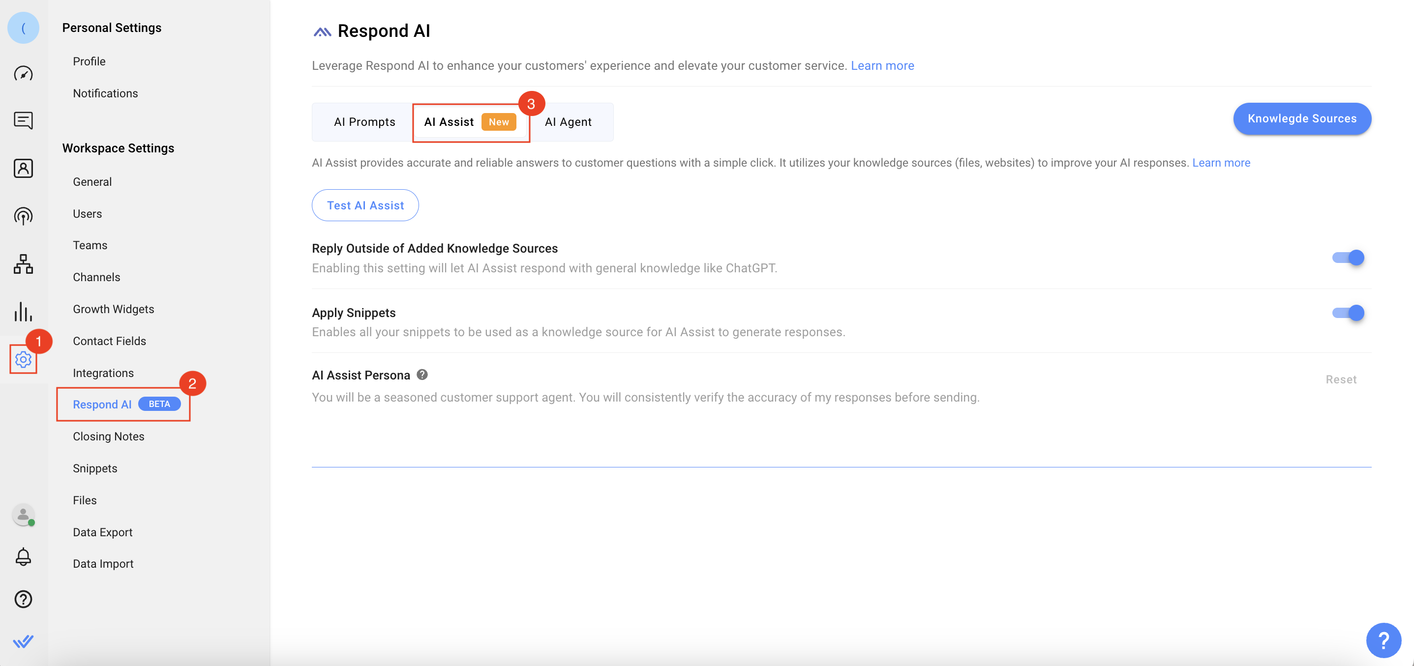 Getting to AI Assist settings tab via Workspace Settings: Respond AI