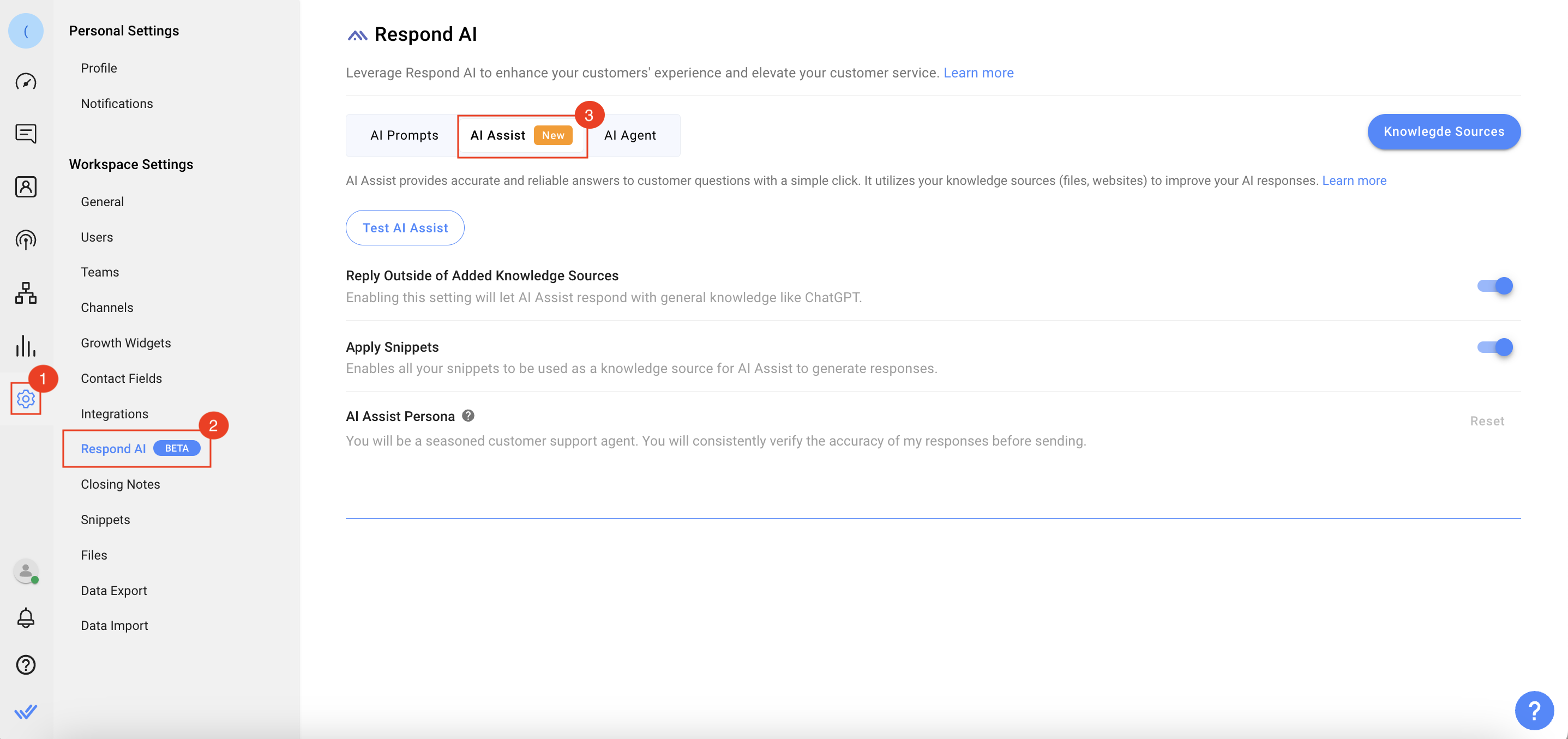 Llegar a la pestaña de configuración de AI Assist a través de Configuración del espacio de trabajo: Respond AI