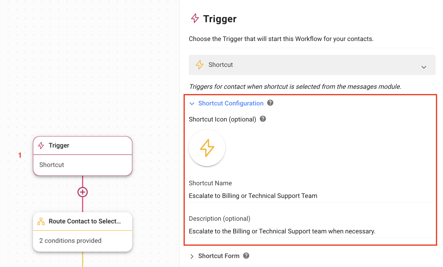 Shortcut Configuration for Trigger Step