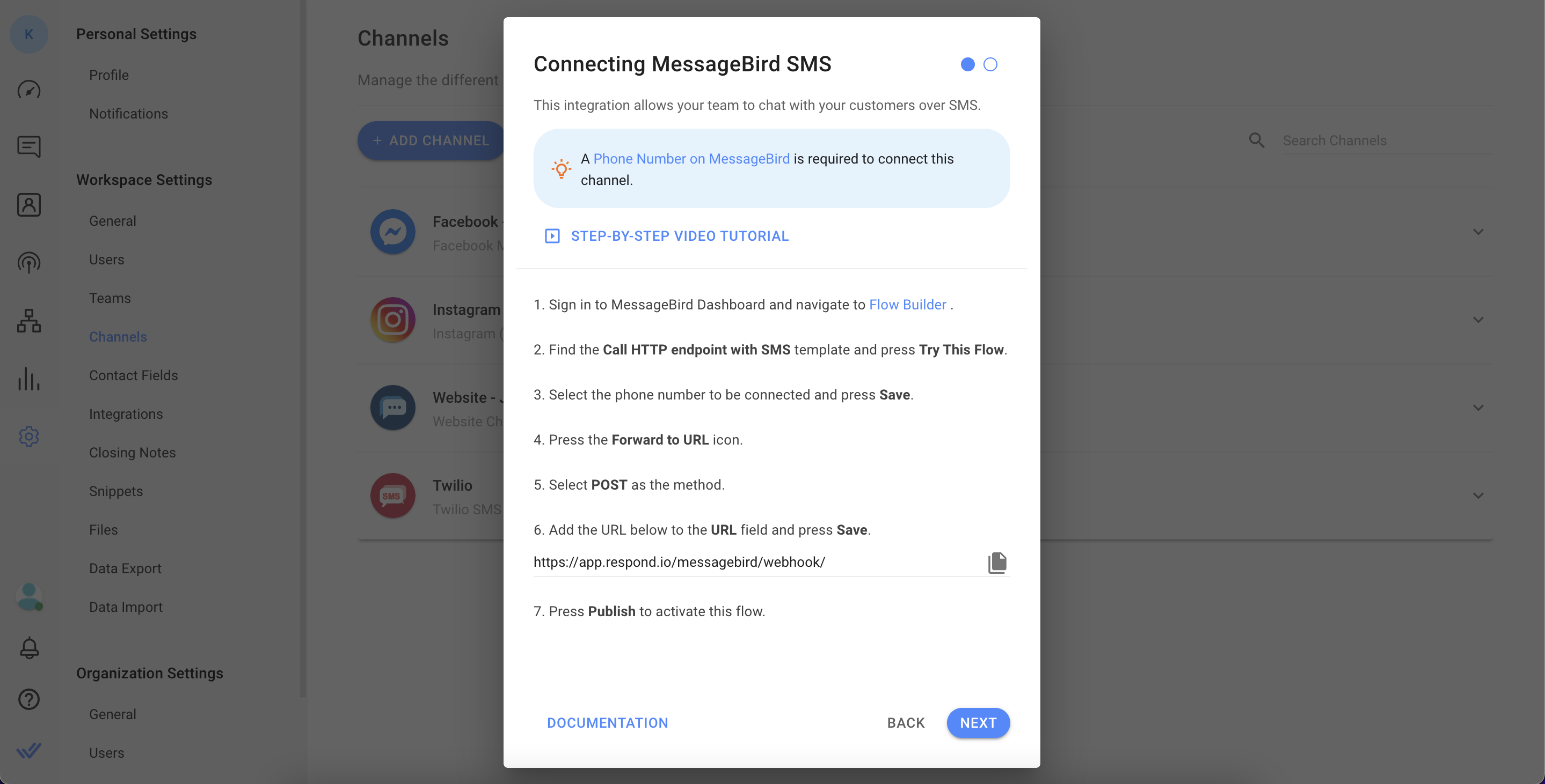 Connecting MessageBird SMS to respond.io