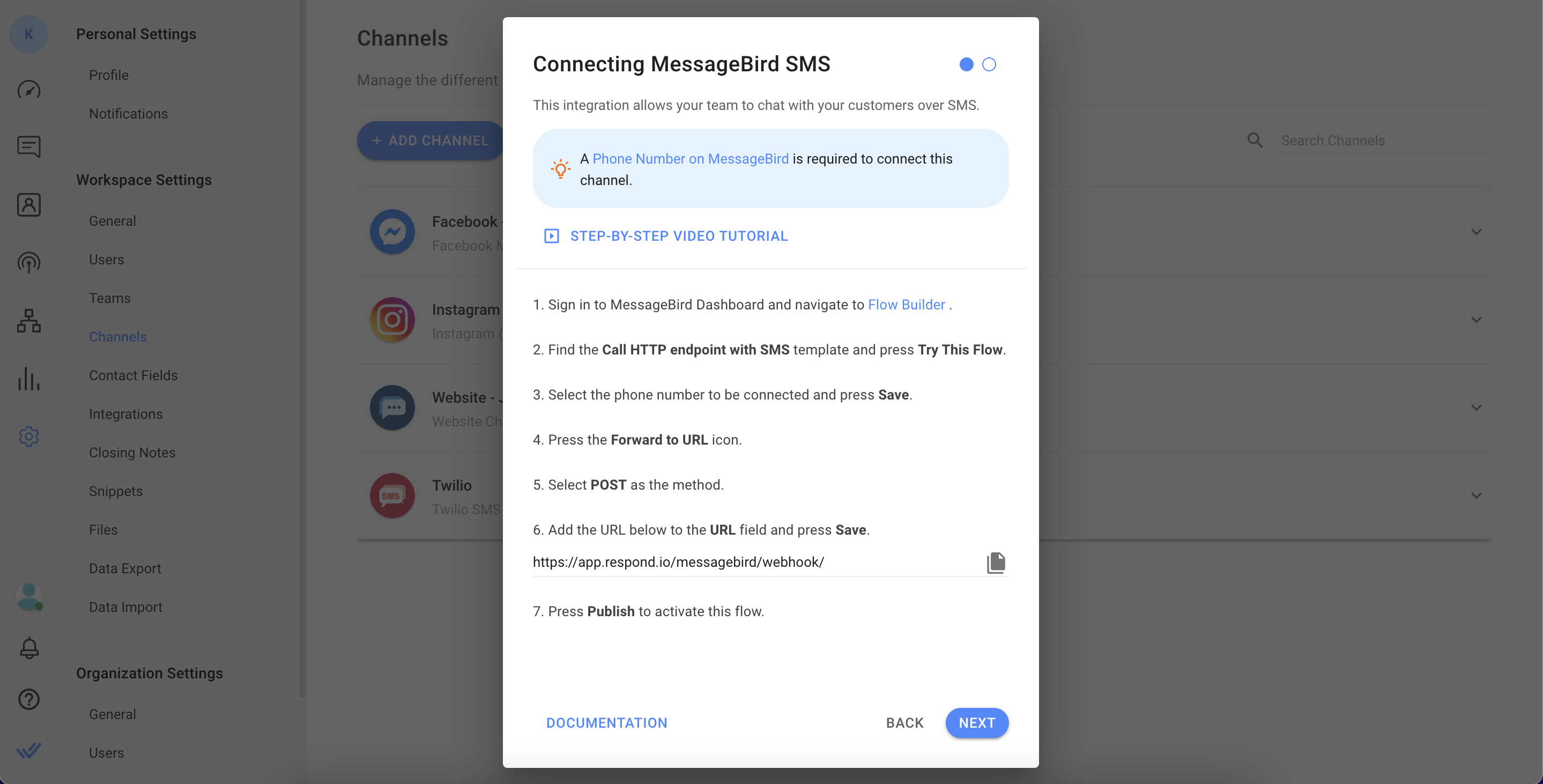 ربط الرسائل القصيرة MessageBird للرد. io