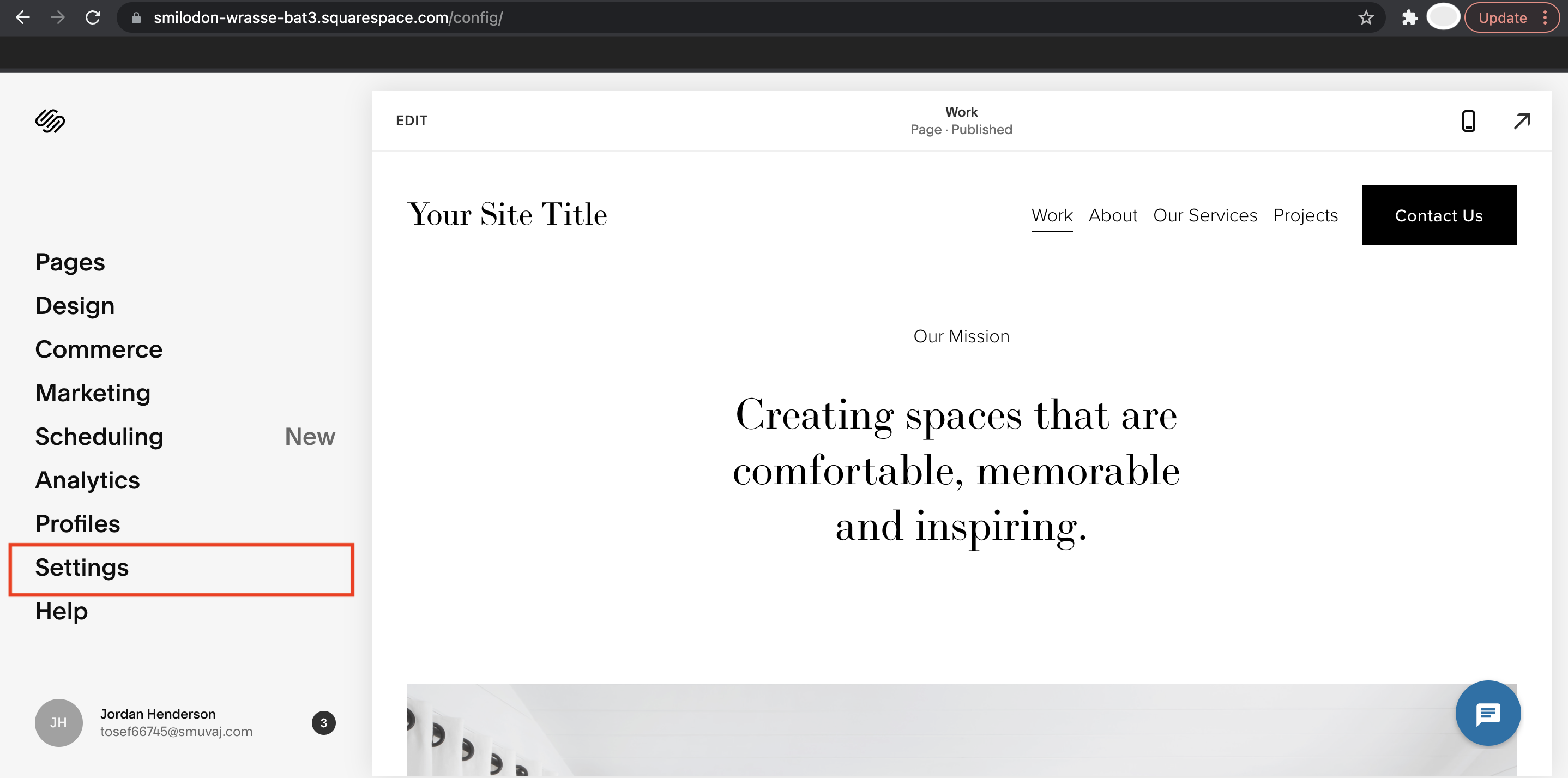 Squarespace navigate to settings