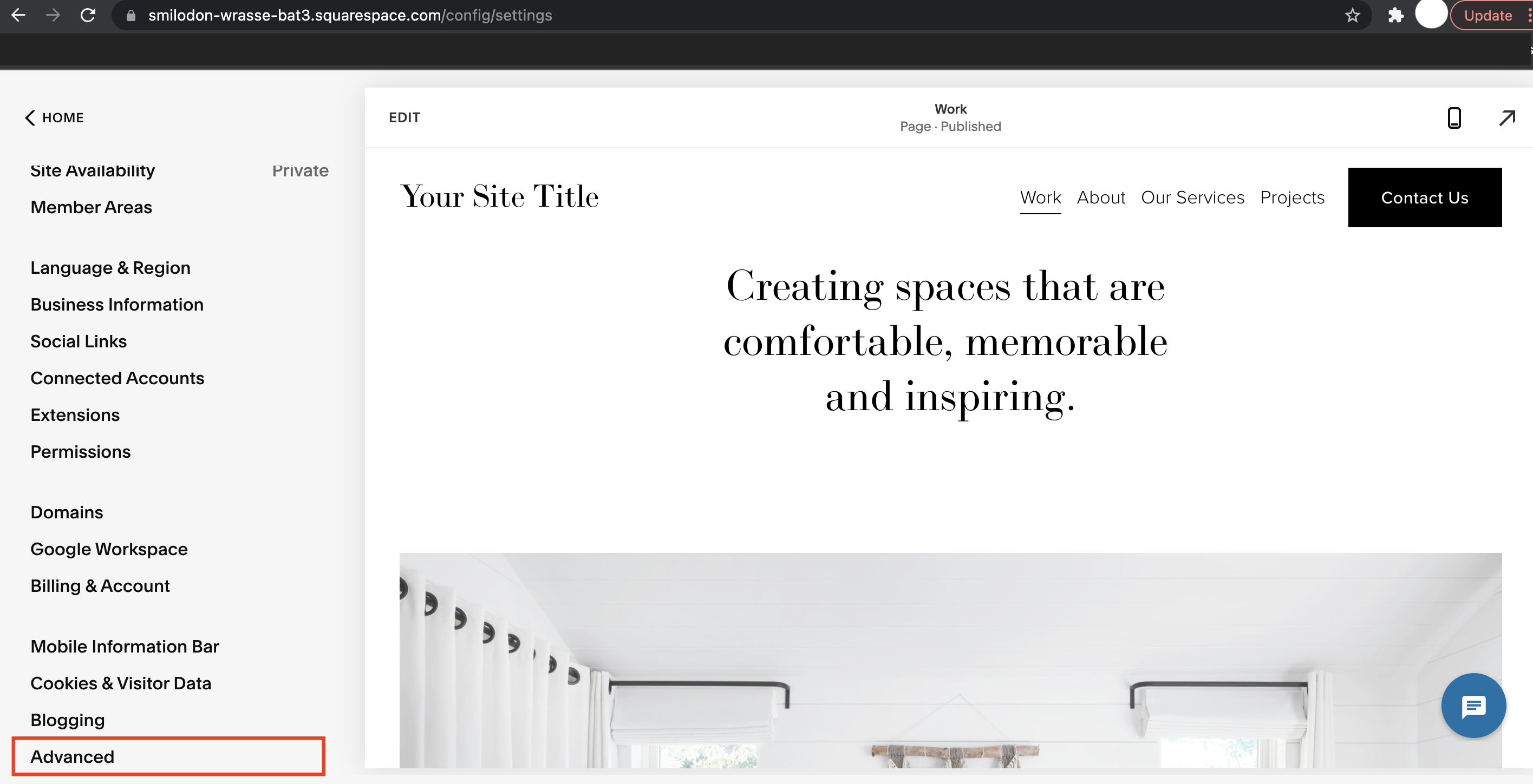 Squarespace Navigate to Advanced Settings 