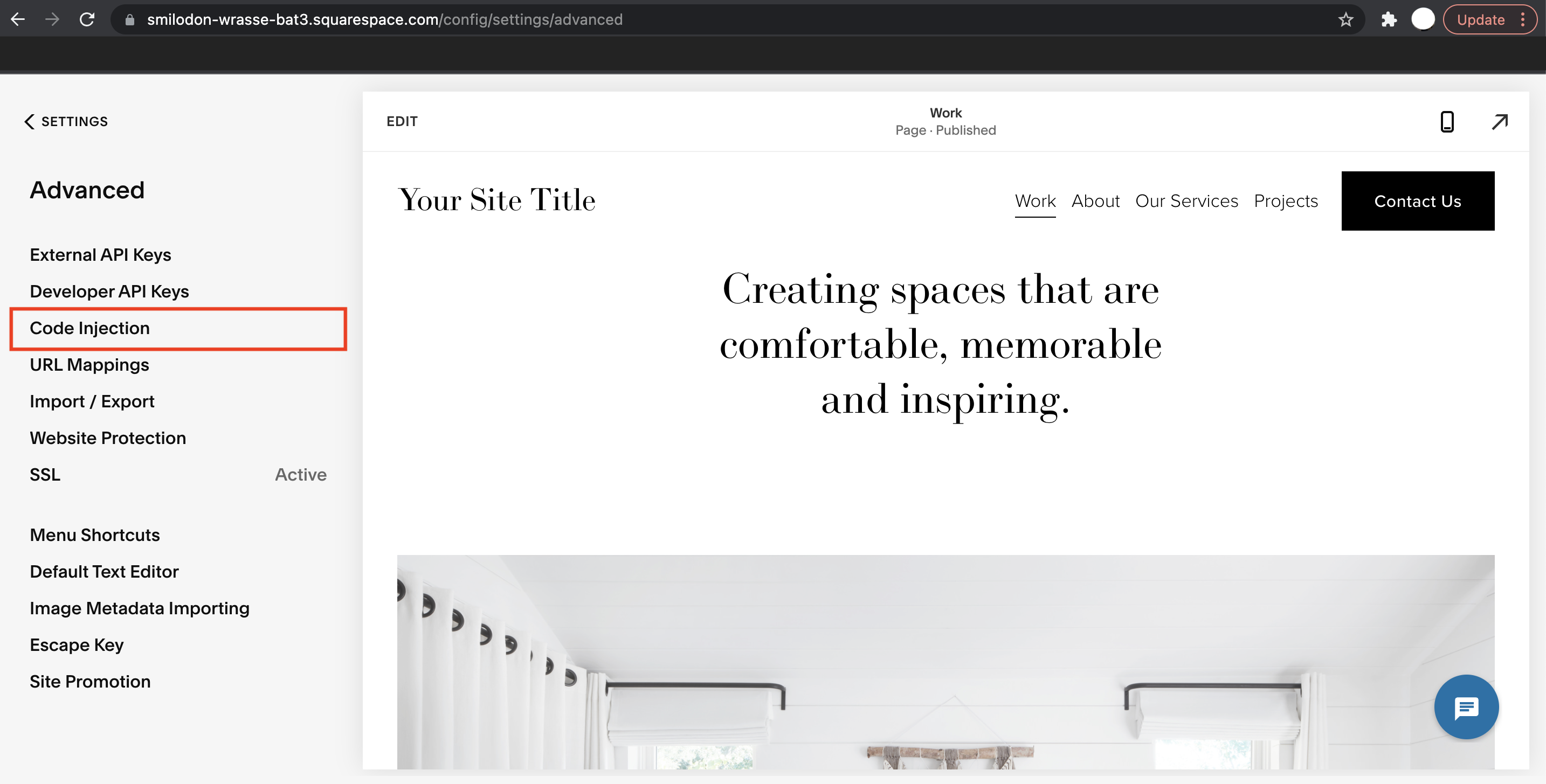 Squarespace Navigate to Code injection settings