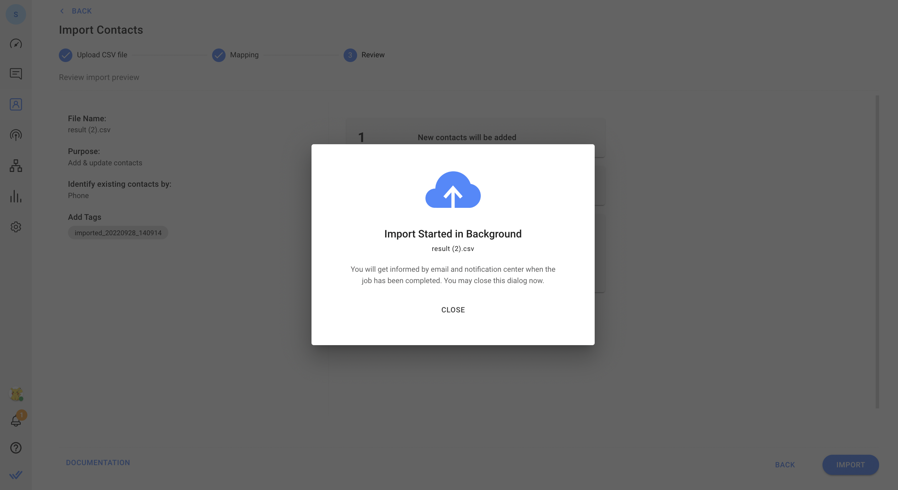Mapeo de importación de contactos - Importación de revisiones