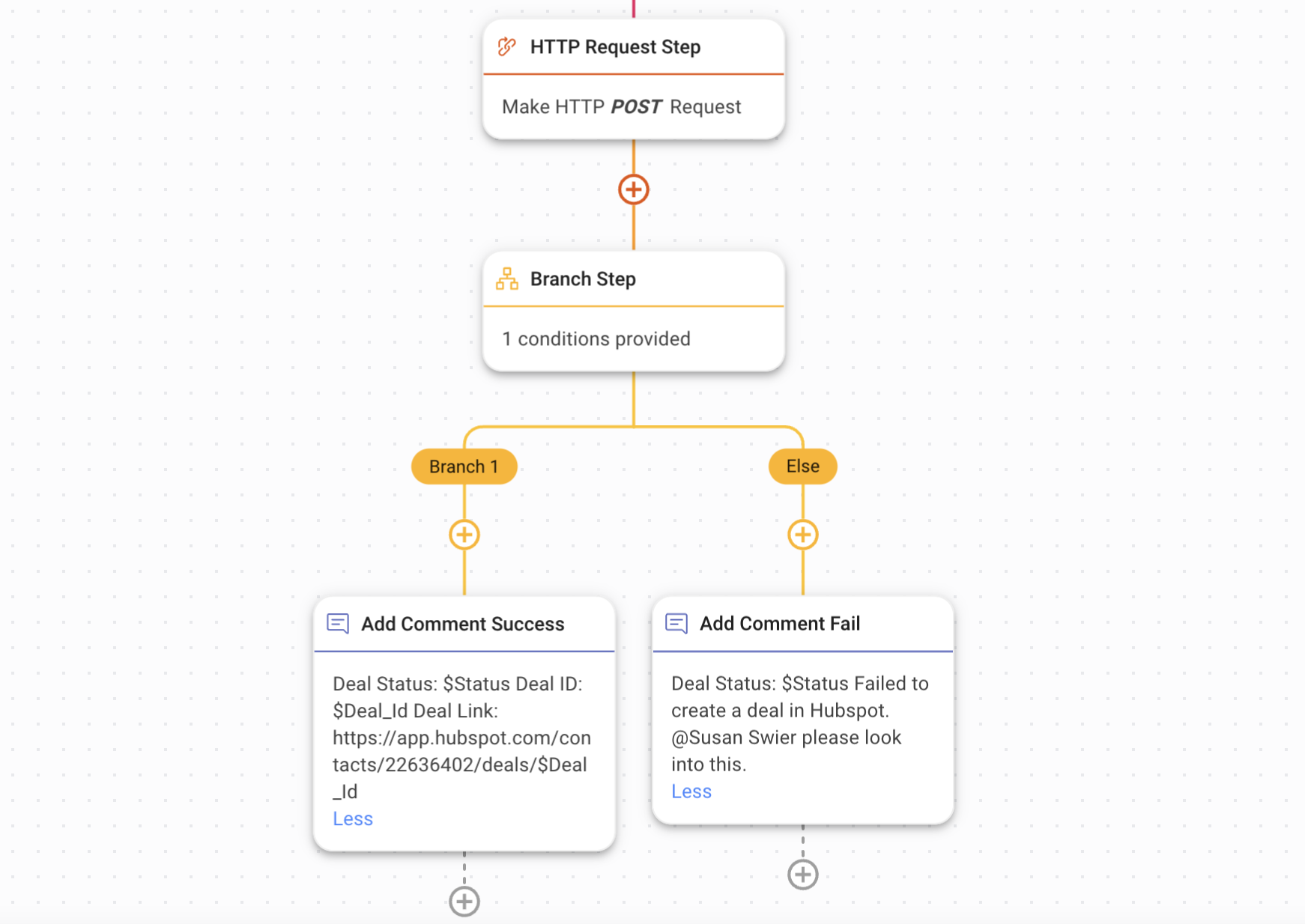 muestra de cómo utilizar las ramas del flujo de trabajo para que los agentes sepan que se ha creado un trato en Hubspot