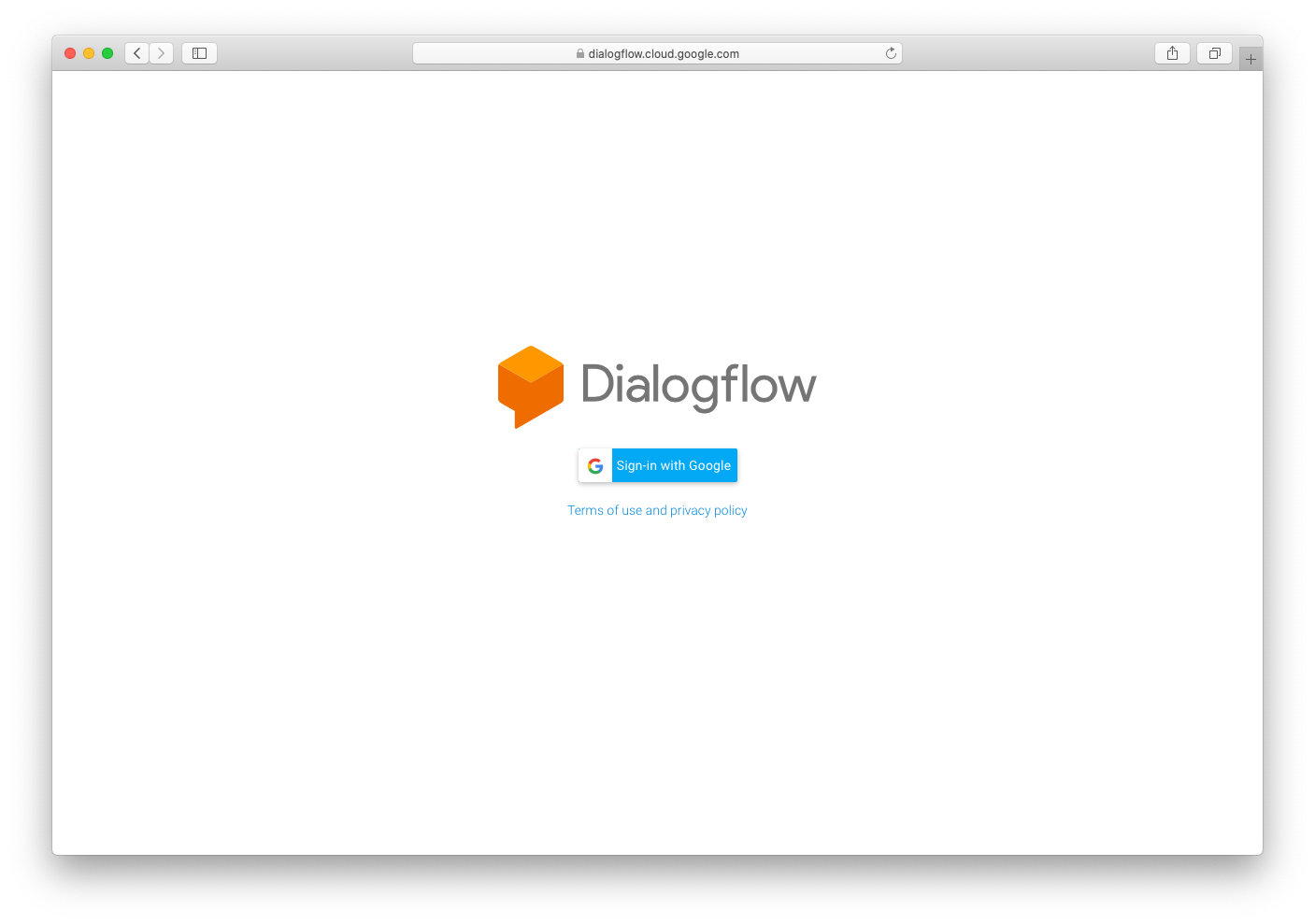 screenshot of dialogflow login page