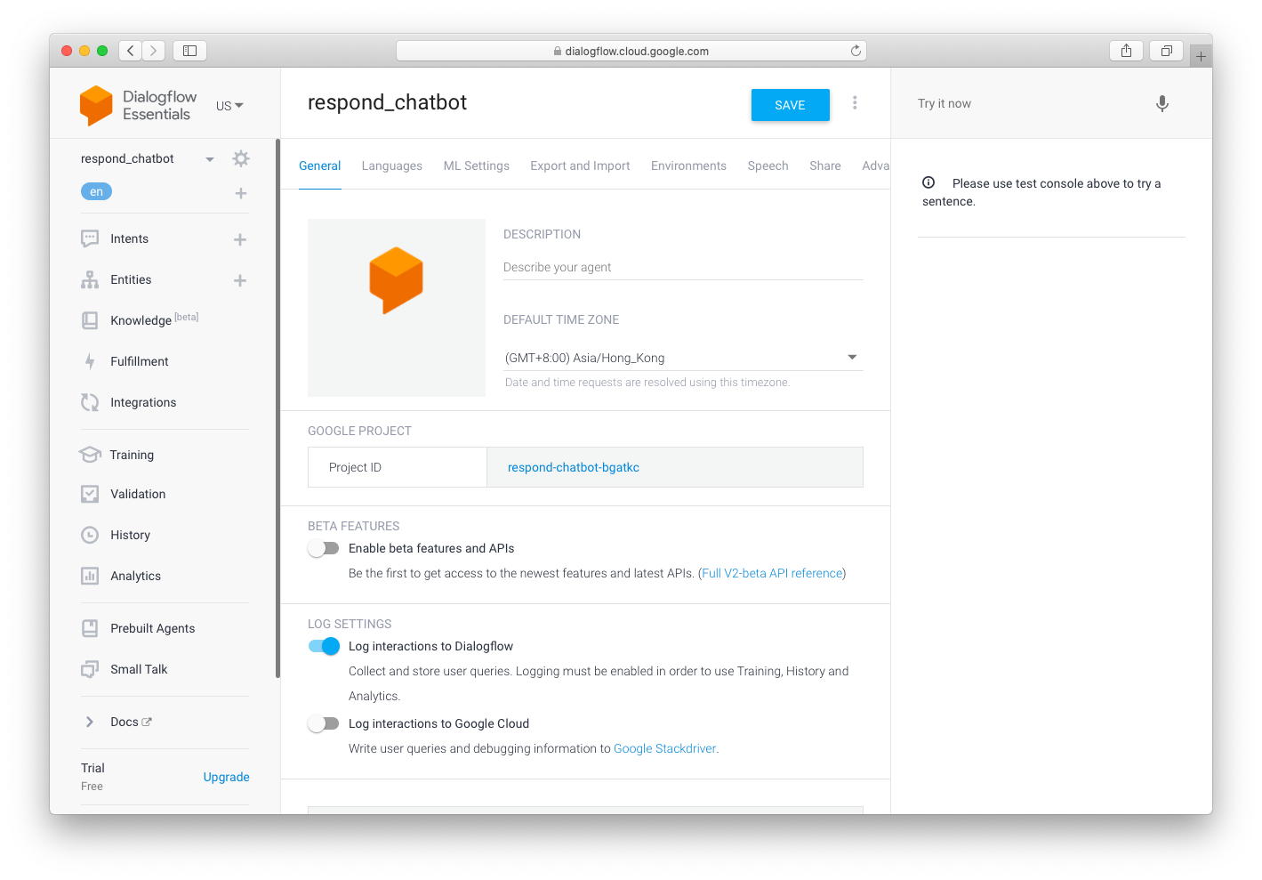 screenshot showing the Dialogflow agent settings