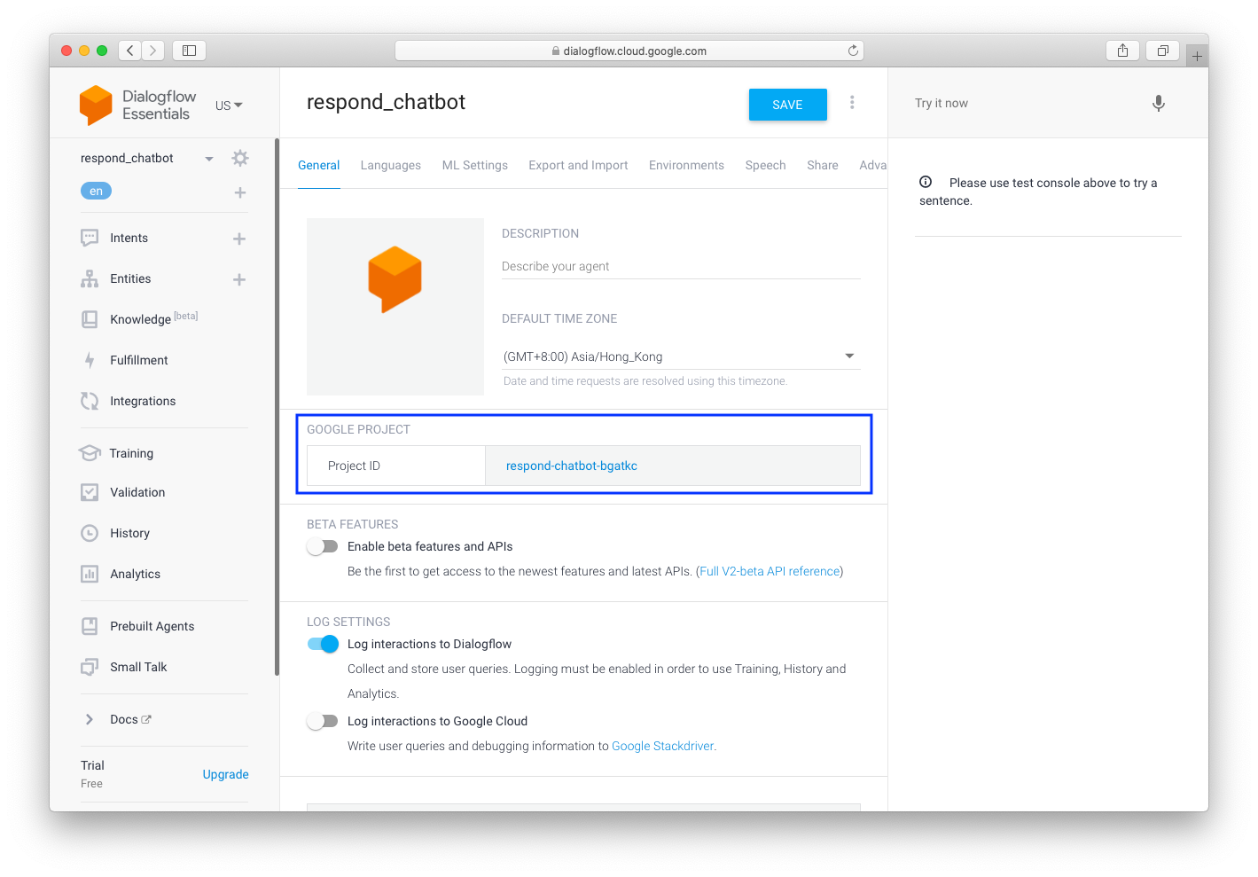 screenshot showing how to navigate to the associated Google Project in Dialogflow