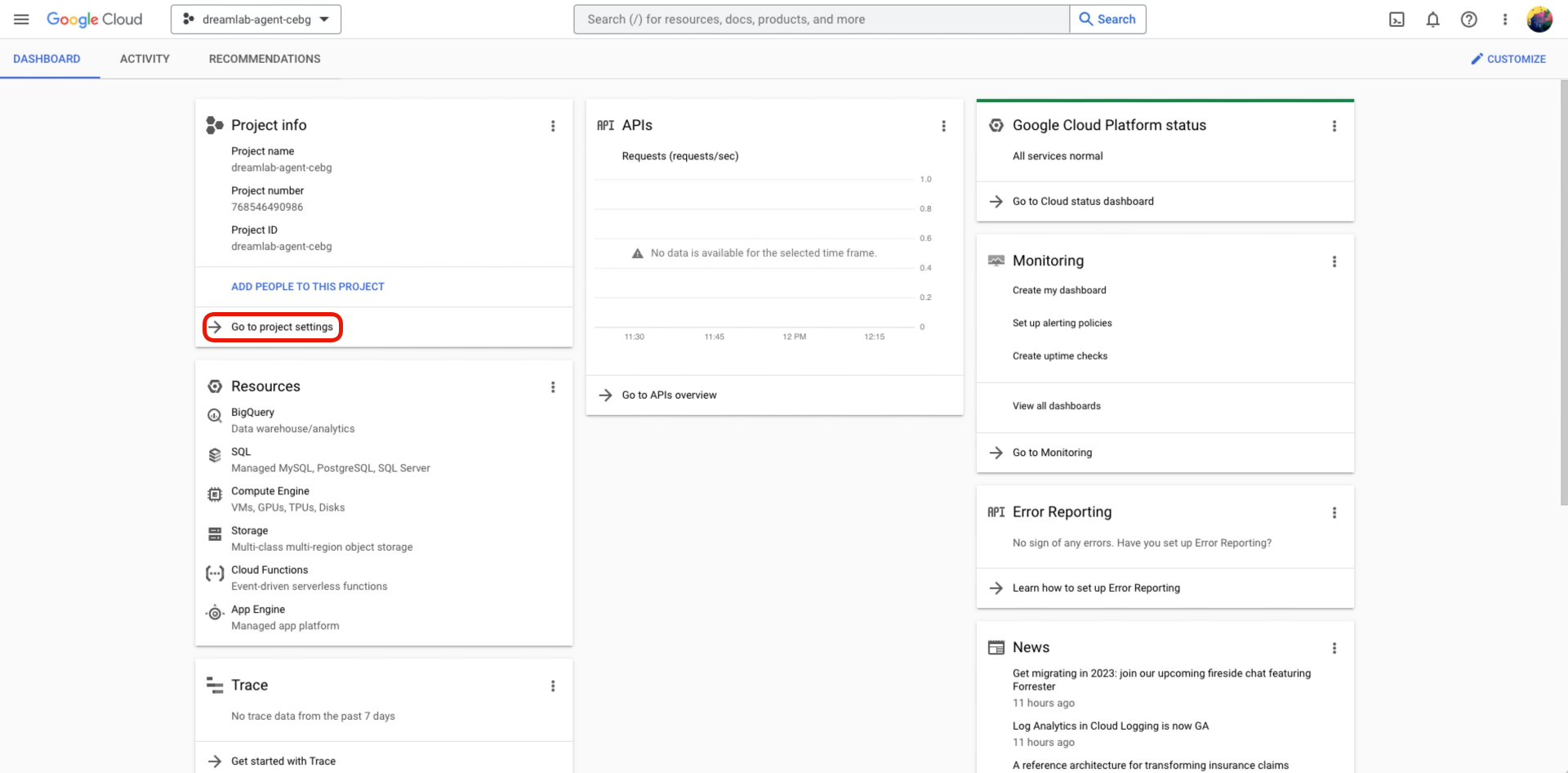screenshot showing Google Project screen and Go to project setting option