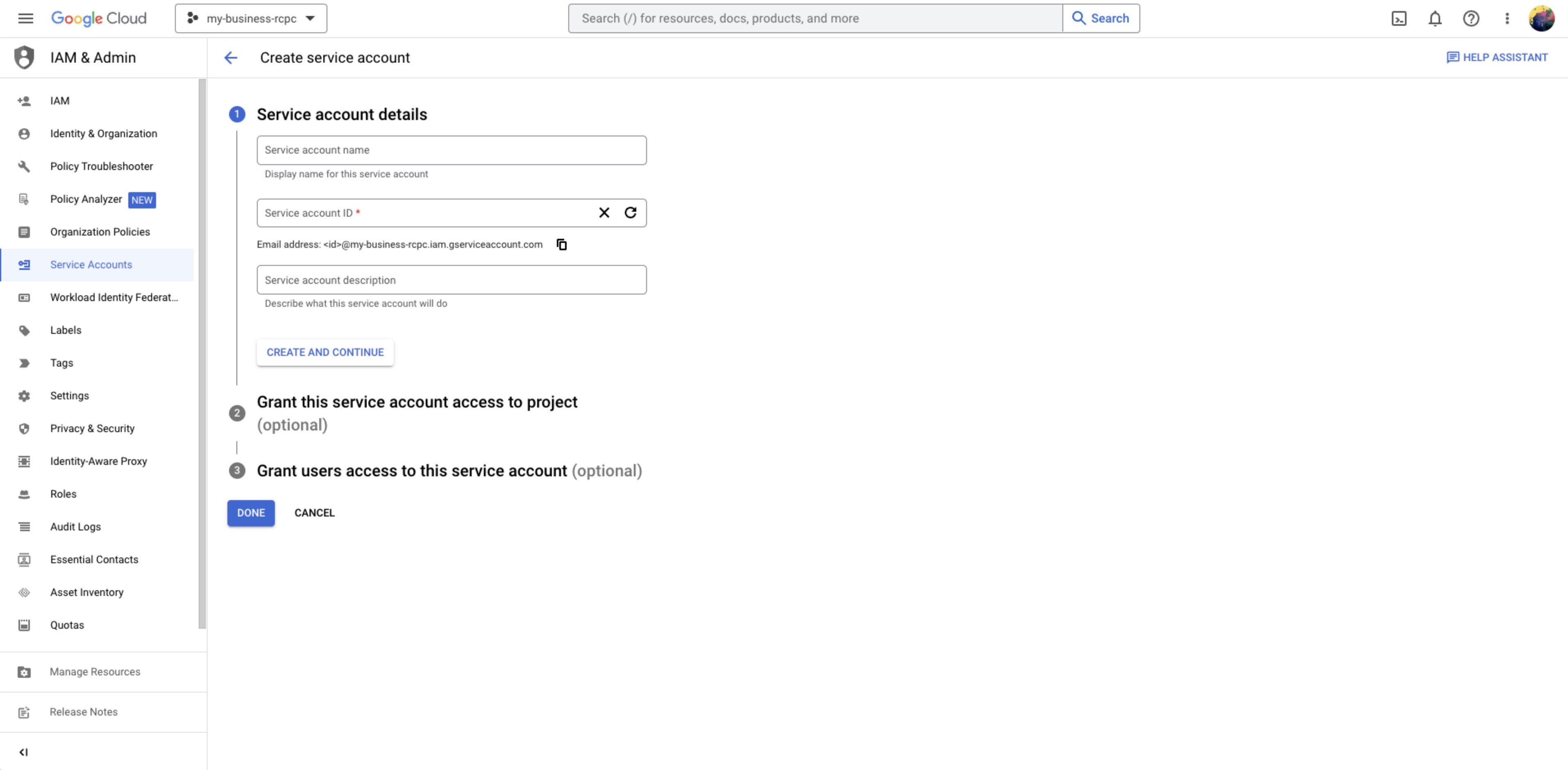 screenshot showing the Service Account Details screen