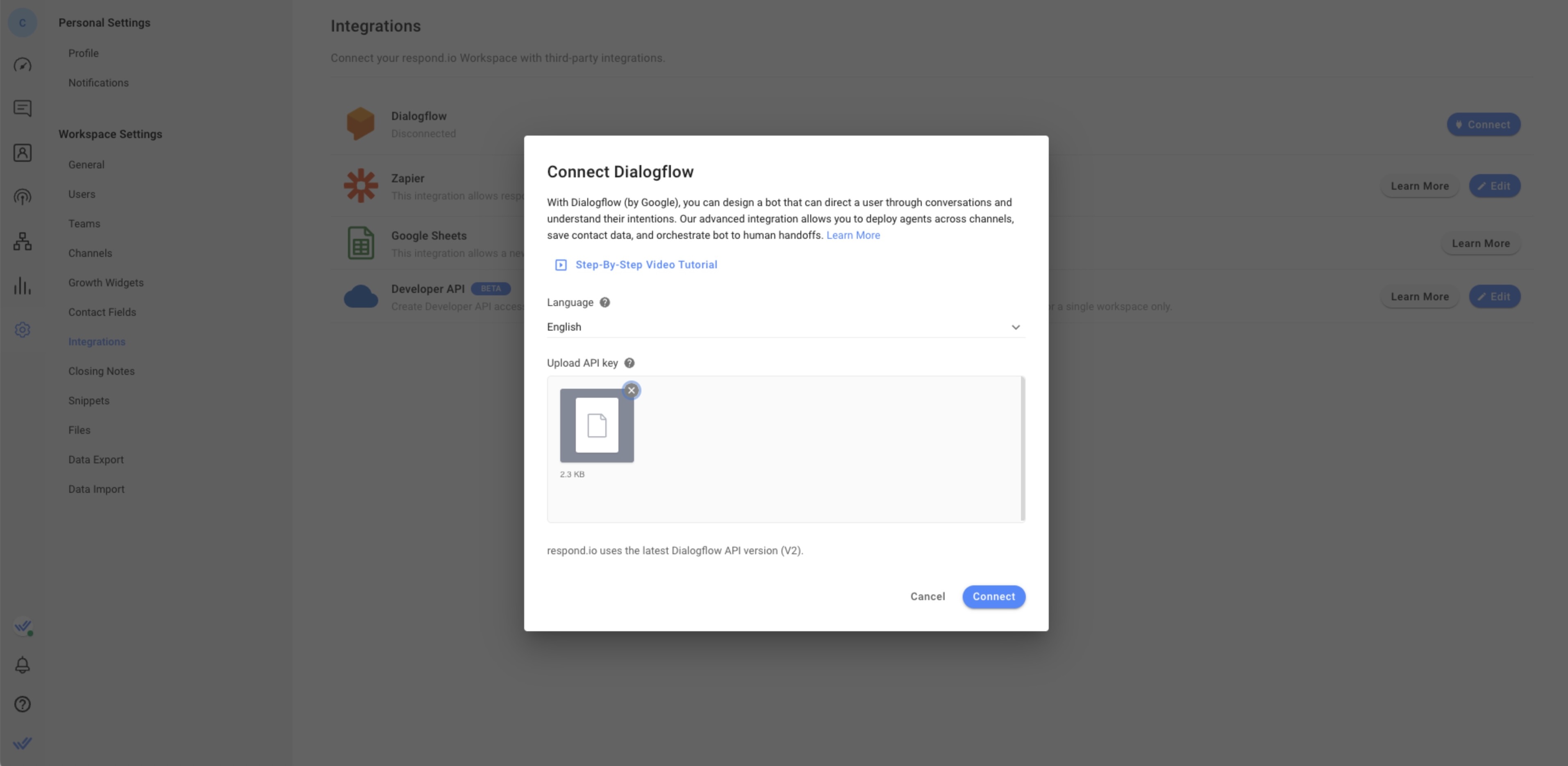 captura de pantalla mostrando la pantalla de integración de Dialogflow en la plataforma