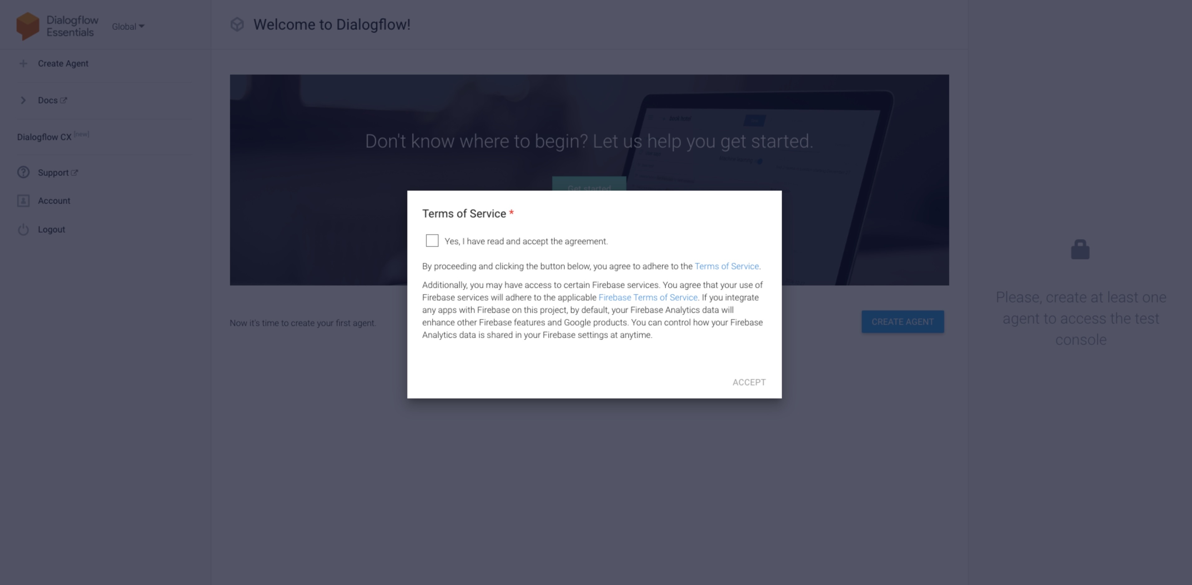 screenshot of Dialogflow review account settings popup