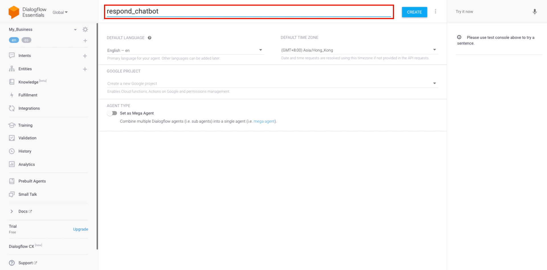 how to connect and name your Dialogflow agent