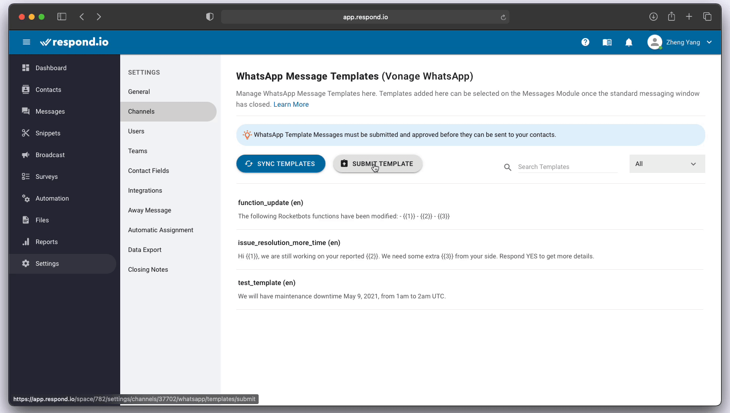 Enviando Vonage WhatsApp plantilla de mensaje para su aprobación en respond.io gif
