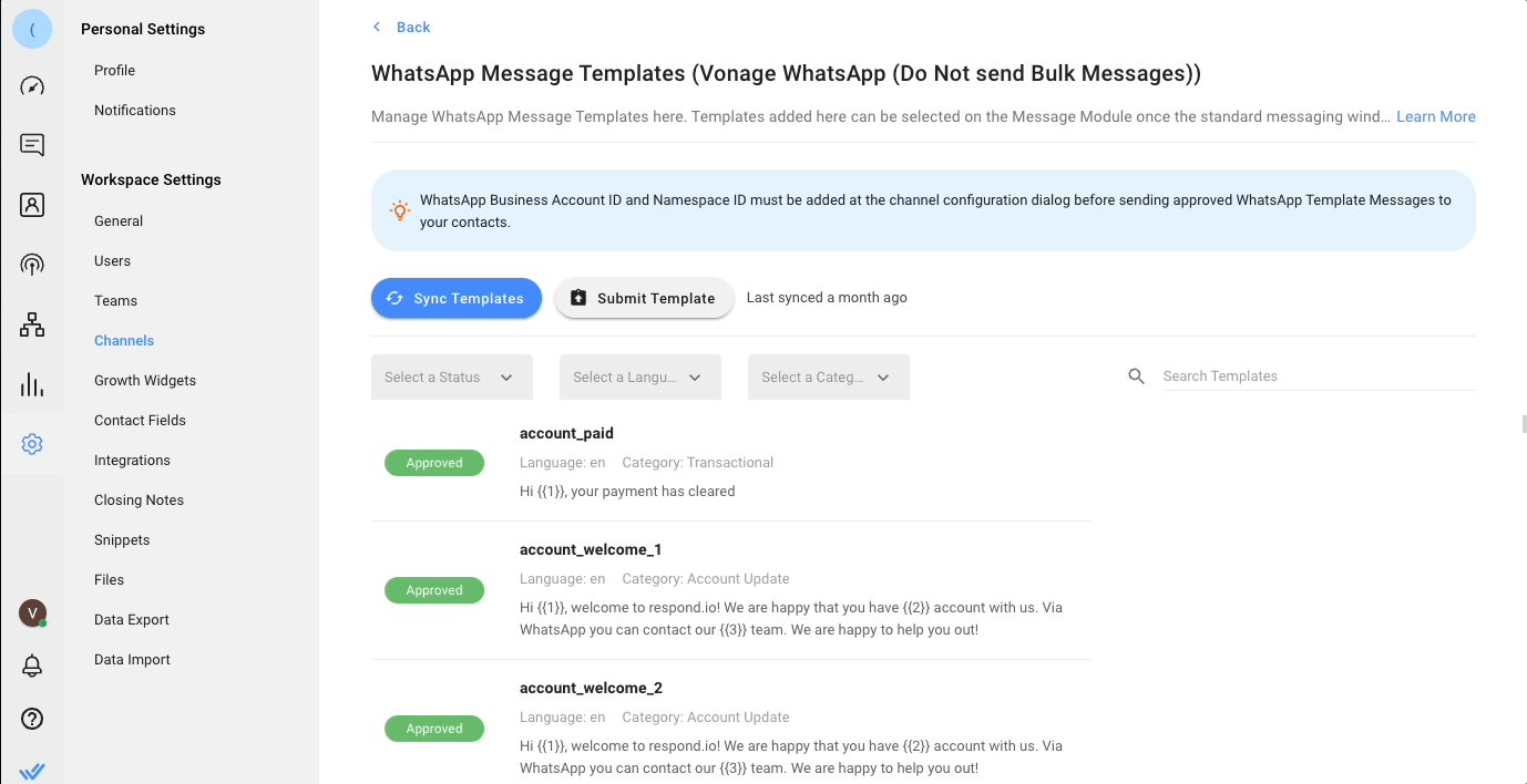 Submitting Vonage WhatsApp Message Template for approval on respond.io gif