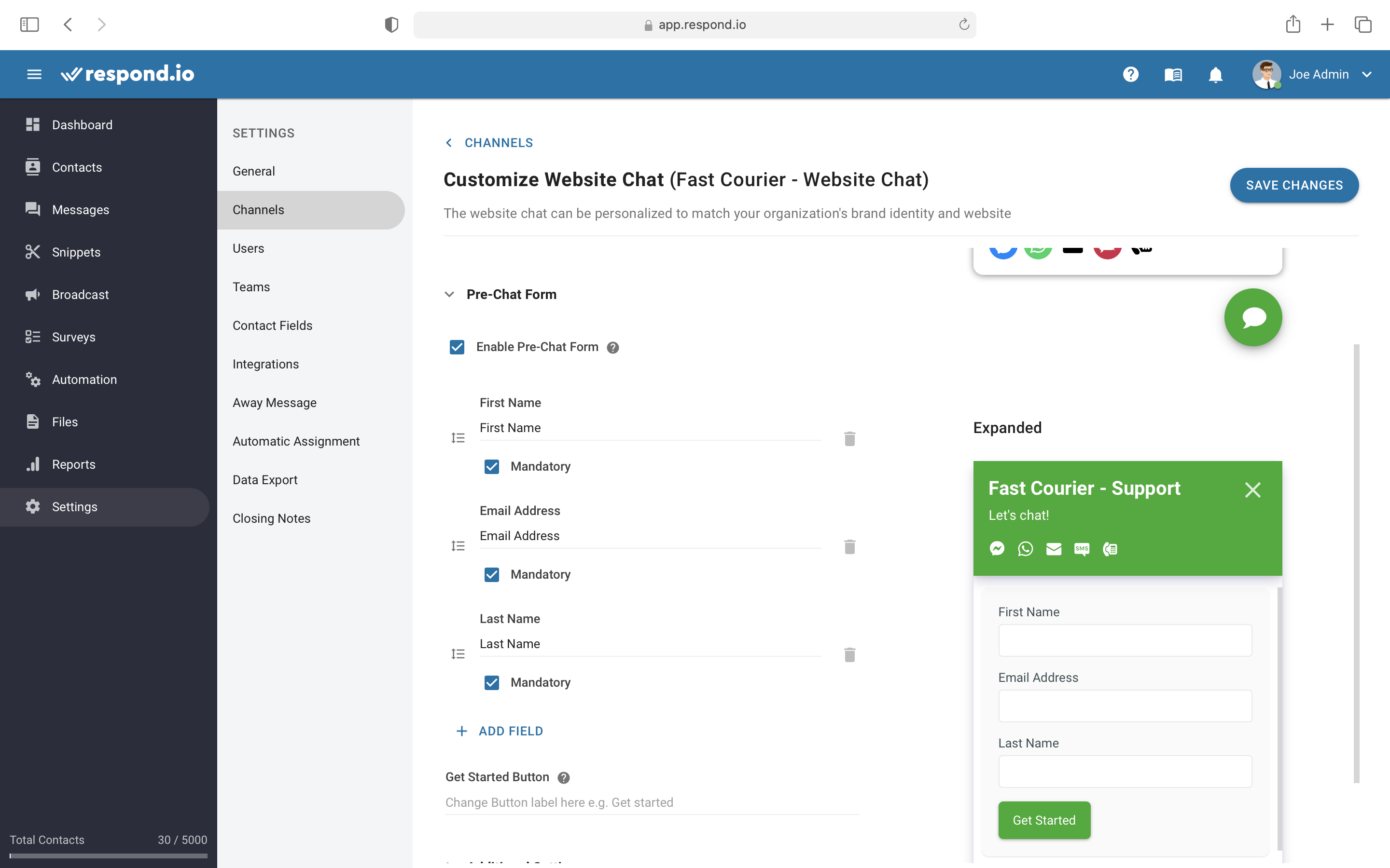 Pre-Chat Formulario de configuración en respond.io